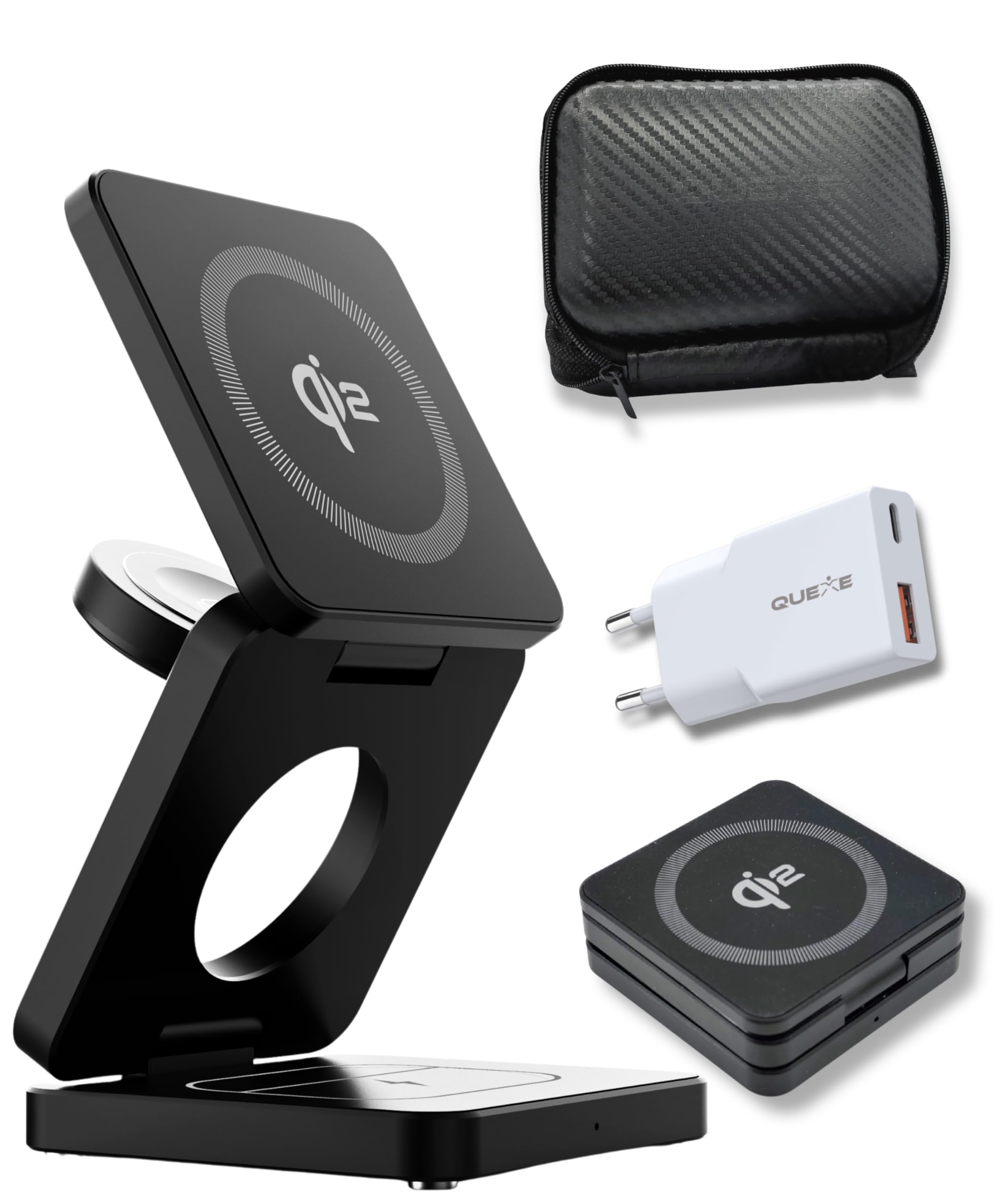Caricatore Wireless 3-in-1 in Alluminio - Qi2 Certificato con Caricatore 20W, Cavo USB-C e Custodia – Compatibile MagSafe iPhone, Apple Watch, AirPods
