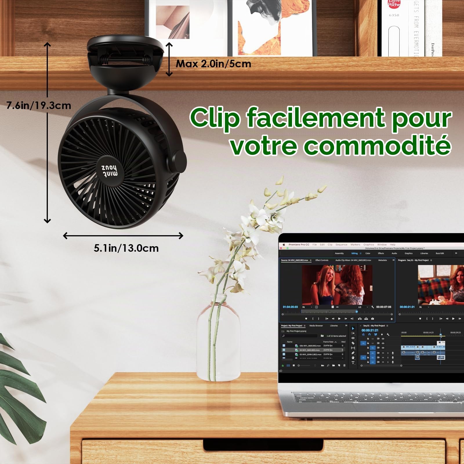 Minthouz Ventilateur à Pince avec Clip, Ventilateur USB Rechargeable 8000mAh, 4 Vitesses, Rotation 360°, Longue Autonomie Silencieux, Mini Portable pour Bureau Camping Poussette Maison
