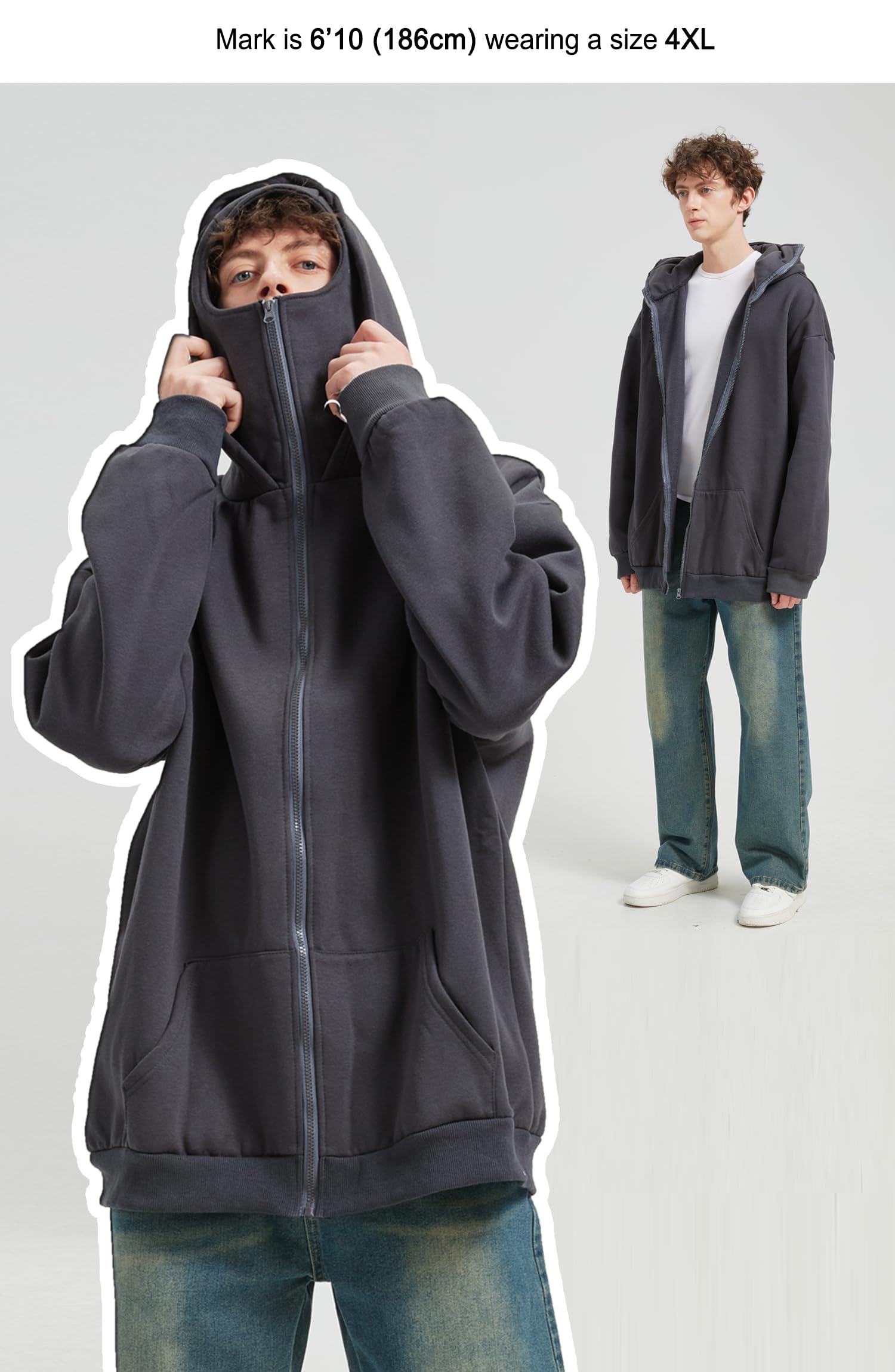 Warme Zip Hoodie Herren mit Sturmhauben Hip Hop Sweatjacke mit Kapuze Oversized Kapuzenpullover mit Motorradmaske