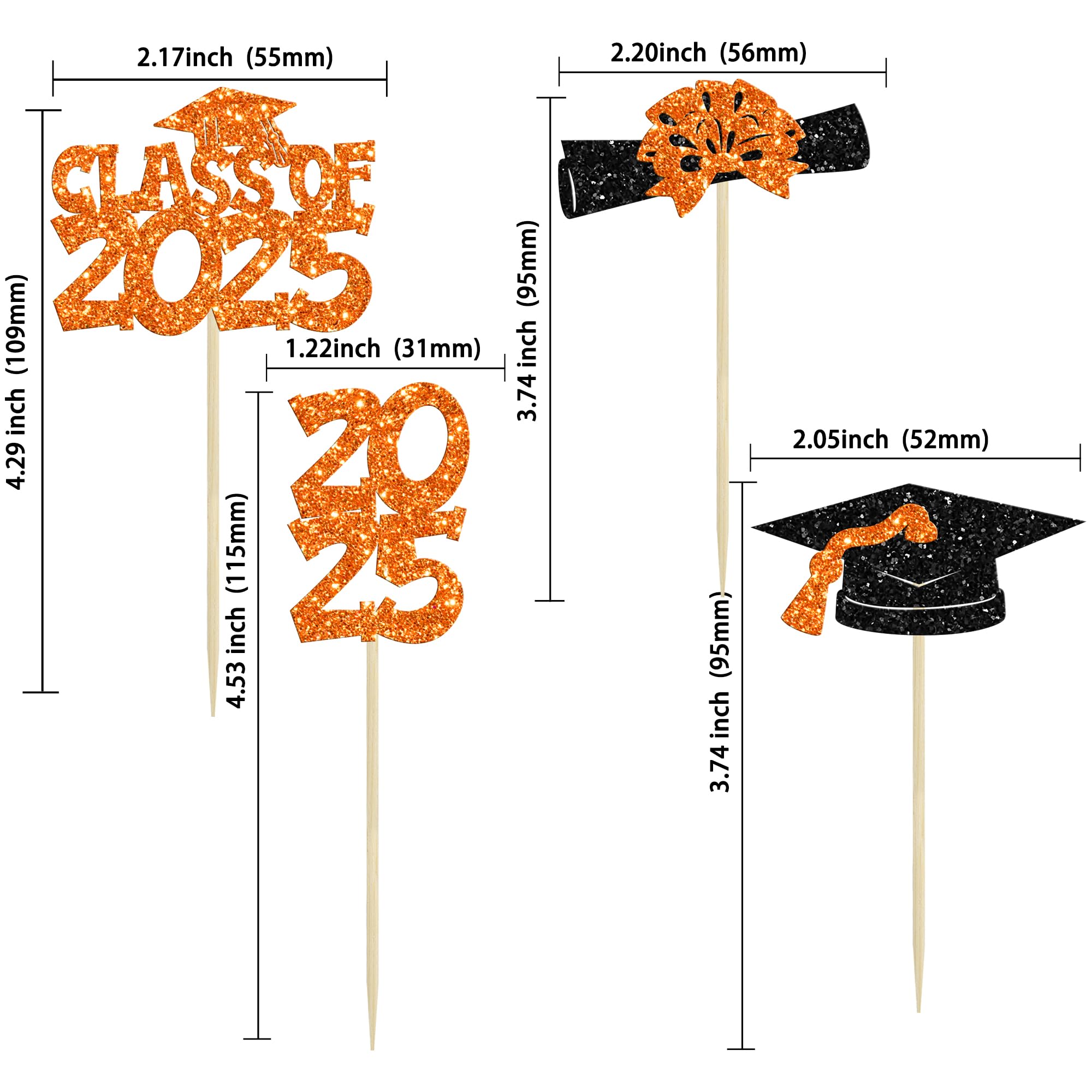 Ephlyn 36Pcs 2026 Graduation Theme Cupcake Toppers Glitter Class of 2026 Congrats Grad Diploma Graduation Cap Cupcake Picks for 2026 Graduation Theme Party Cake Decorations Supplies Orange - Image 2