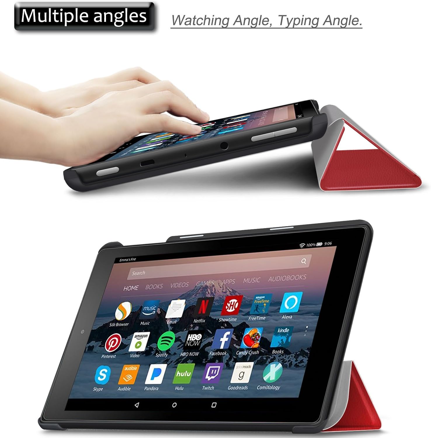 Infiland Fire HD 8 Case, Slim Tri-fold Stand Cover Compatible with Fire HD 8 (8th Gen, 2018 Release)/ Fire HD 8 (7th Gen, 2017 Release)/ Fire HD 8 (6th Gen, 2016 Release) 8" Tablet, Red
