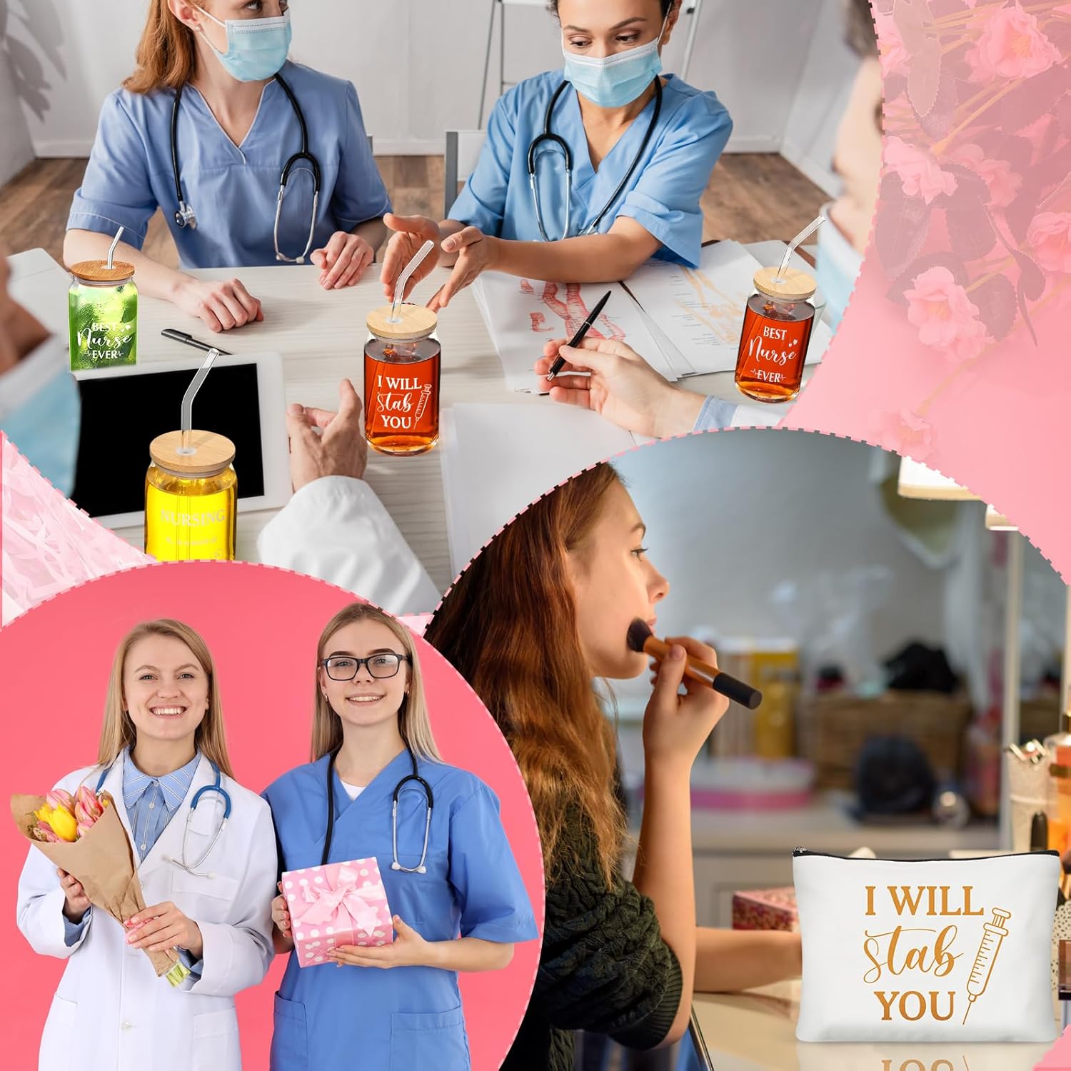 Tioncy 36 Pcs Nurse Appreciation Gifts Bulk, Thank You Gifts for Nurse Including 16 oz Cups with Lid and Straw Inspirational Makeup Bag Keychains for Nursing Week School Party Supplies