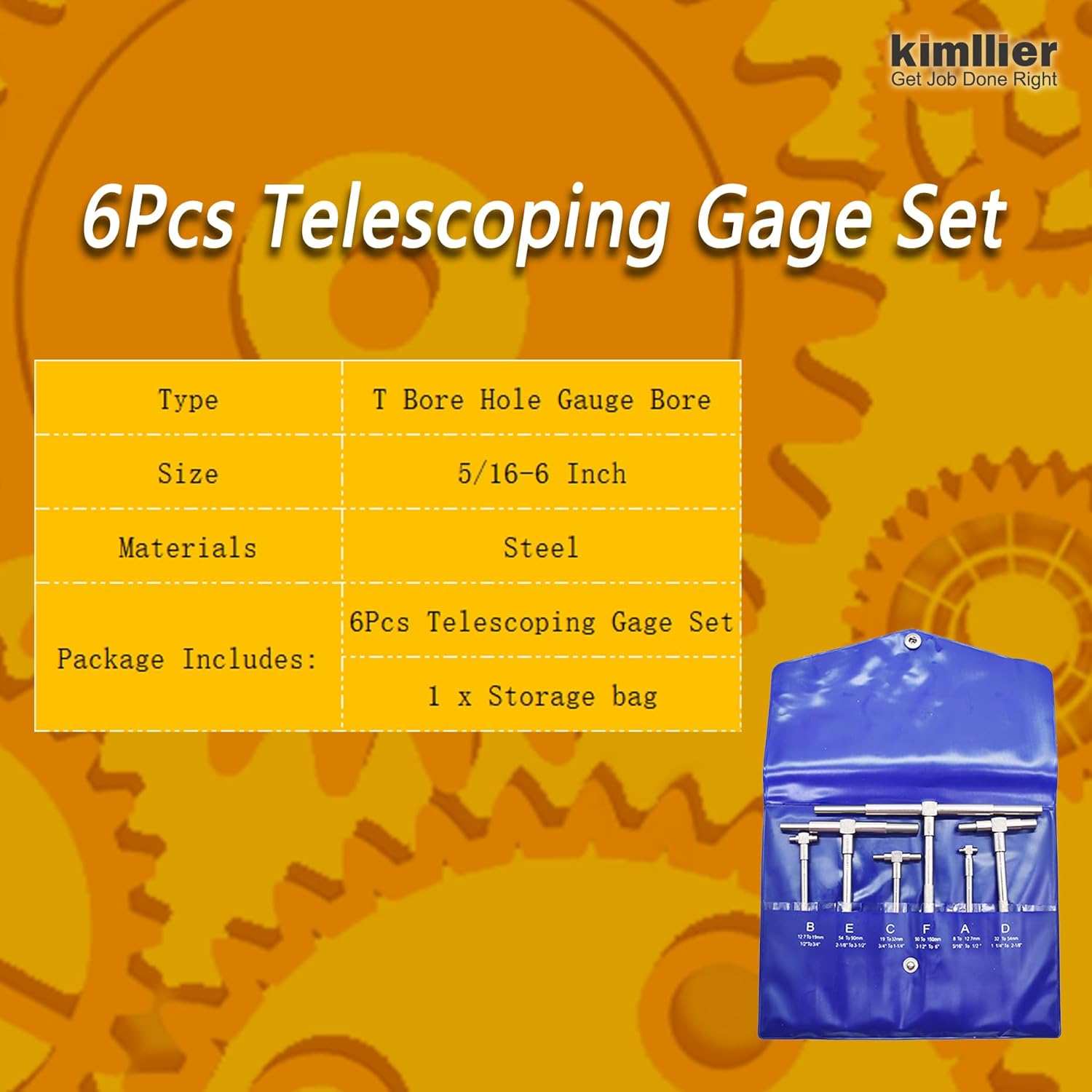 kimllier 6Pcs Accurate Telescoping Gage Set 5/16-6 Inch Range with Pouch High Accurate T Bore Hole Gauge Bore Measurement Tool