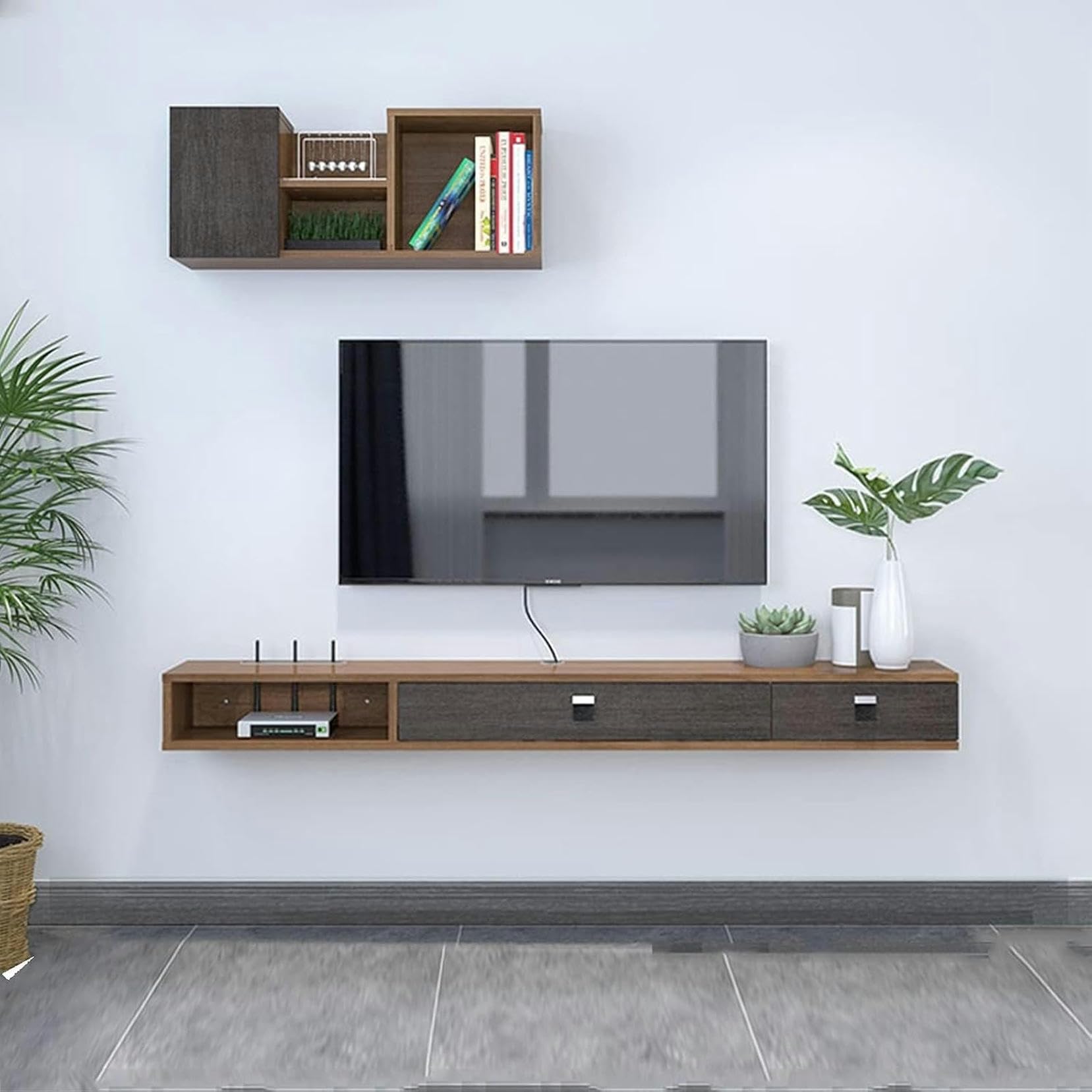 Meuble TV flottant en bois pour cacher les câbles du salon