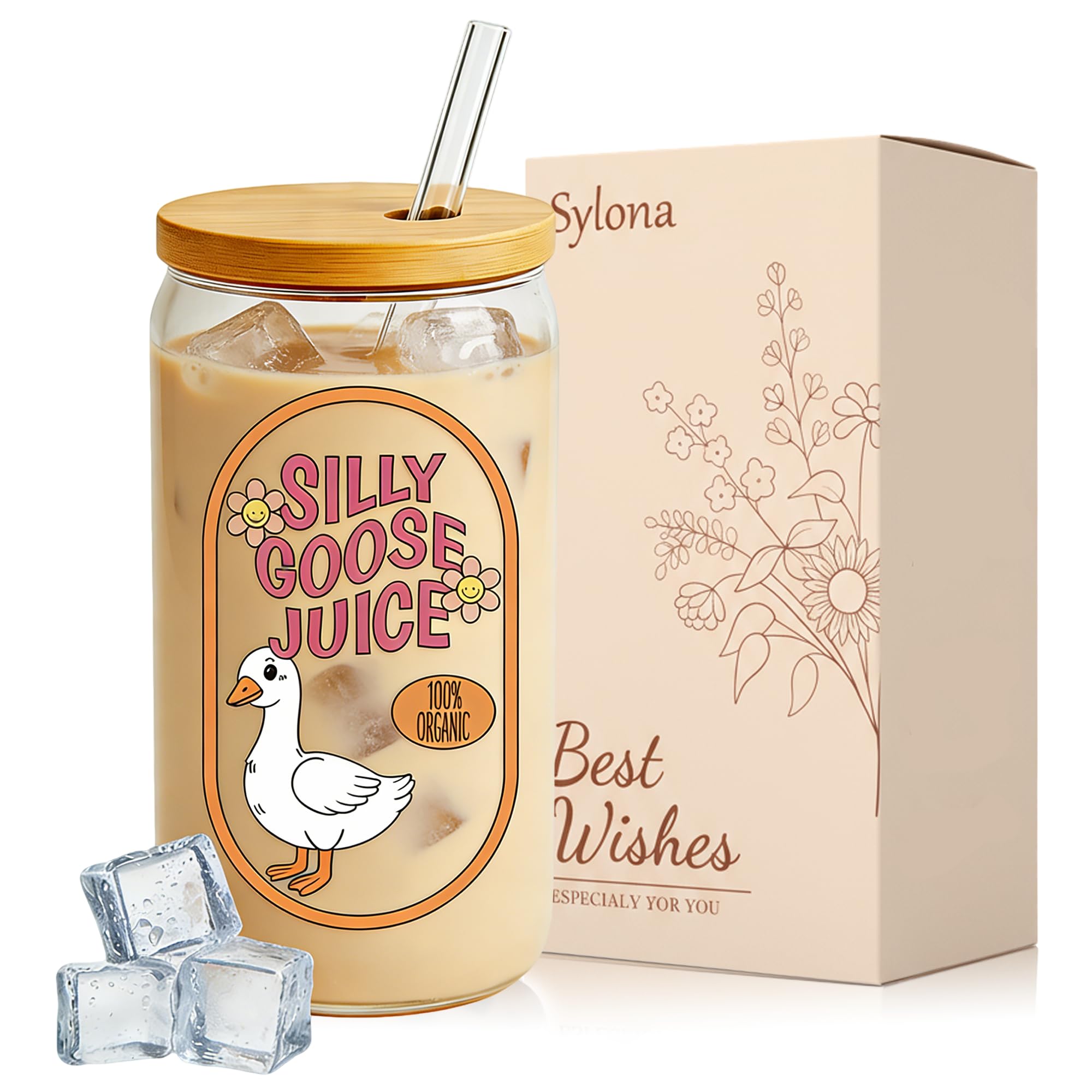Sylona Gifts for Women - Birthday Gifts for Women, Friend Gift, Silly Goose Juice Glasses, Glass Cups with Straw and Lid, Thanks Gift for Womens, Sister, Bestie, Best Friend