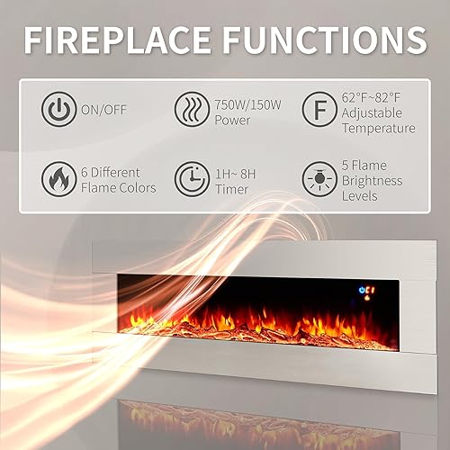 Miniatura 4 de AMERLIFE Chimenea eléctrica de montaje en pared de 60 pulgadas con control remoto, calentador flotante de pared con colores de llama ajustables y