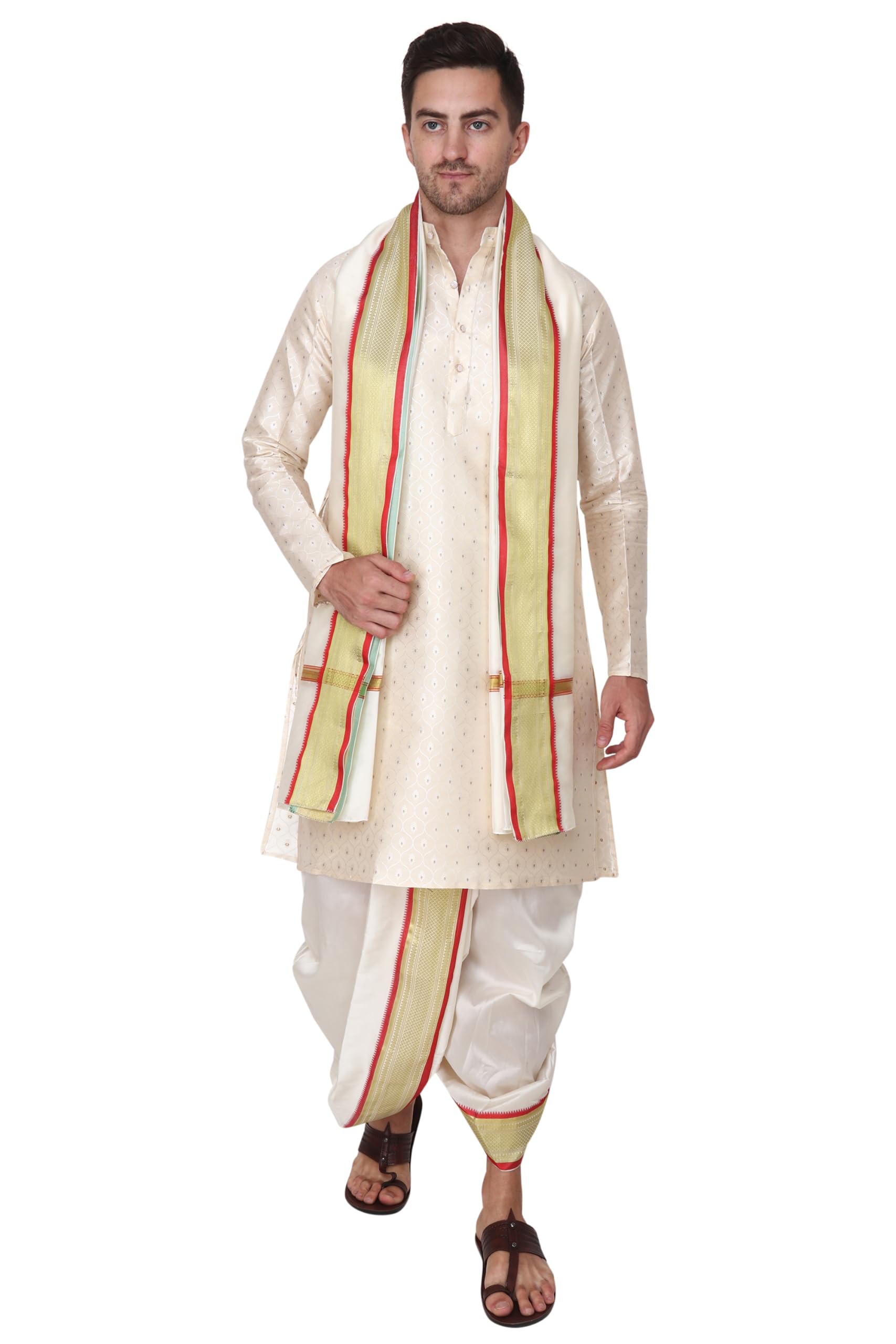 Rameshwaram Fabrics Readymade Dhoti for men with Sherwani Style Silk Kurta, Suitable for Marriage, Pooja, Festival (XL-Extra Large -42, Cream) - Image 2 thumbnail