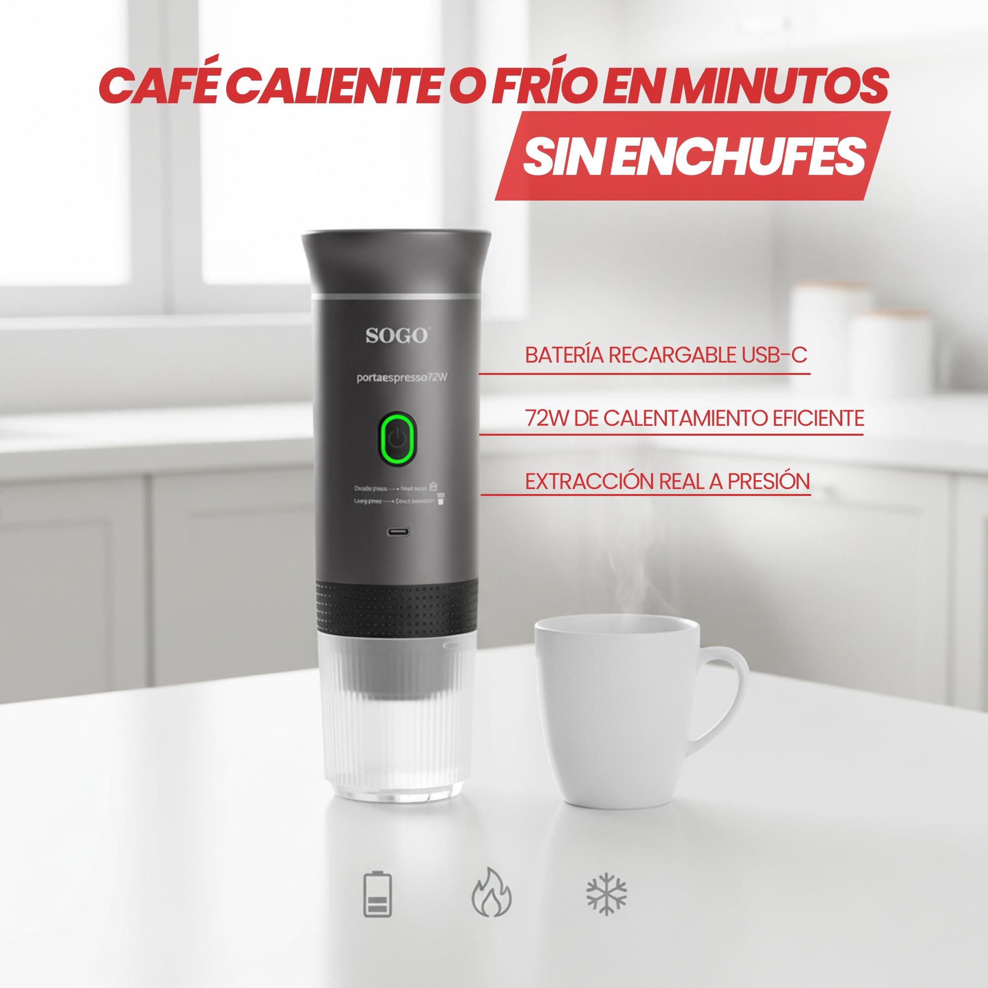 SOGO Cafetera Portátil Recargable 4 en 1 para Cápsulas y Café Molido - Mini Cafetera Compatible Nespresso y Dolce Gusto - Máquina de Café para Viajes Compacta con Función Caliente y Fría