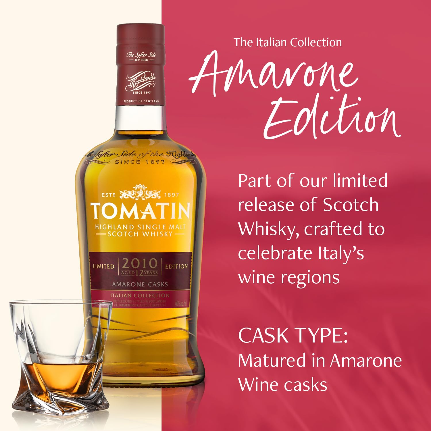 Tomatin Italian Collection Amarone Whiskey - Highland Single Malt Scotch Whisky Maturato in Botti di Amarone e Bourbon, 46%, Bottiglia in Vetro da 70cl