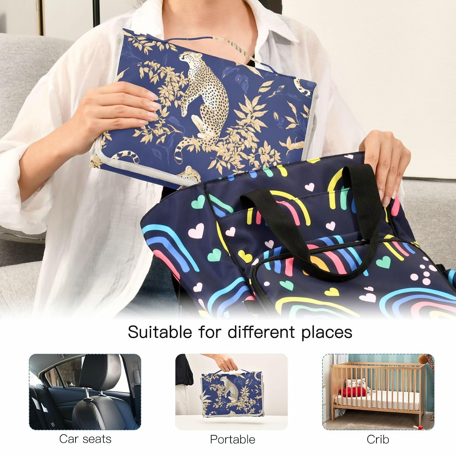 Blue and Gold Leopard Leaves Reusable Changing pad Baby with Tissue Pocket Baby Portable Changing pad Infant Travel Station Kit cambiador de pa?ales para Bebes