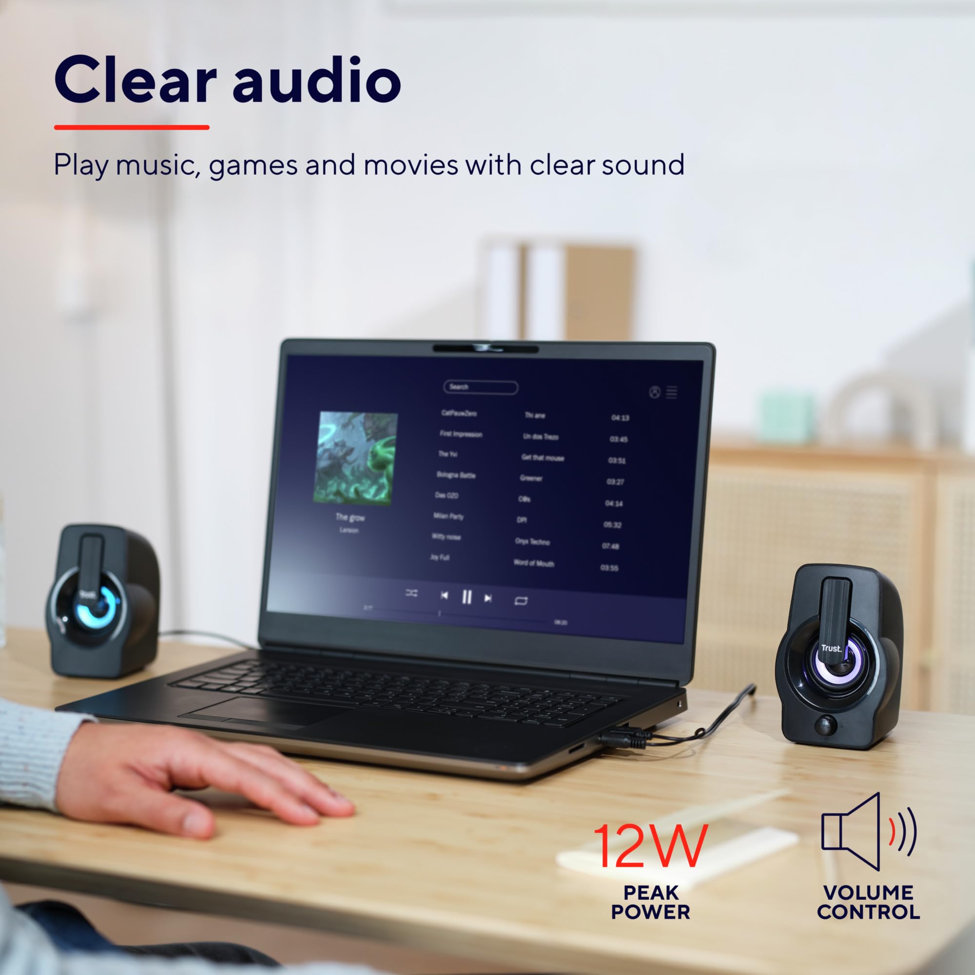 Trust Gemi Casse PC Mini LED RGB 12W (6W RMS), Altoparlanti PC Piccoli con Illuminazione LED, Alimentazione USB, Casse Audio Jack Aux 3.5mm, Compatto Set Altoparlante per Computer Laptop - Nero