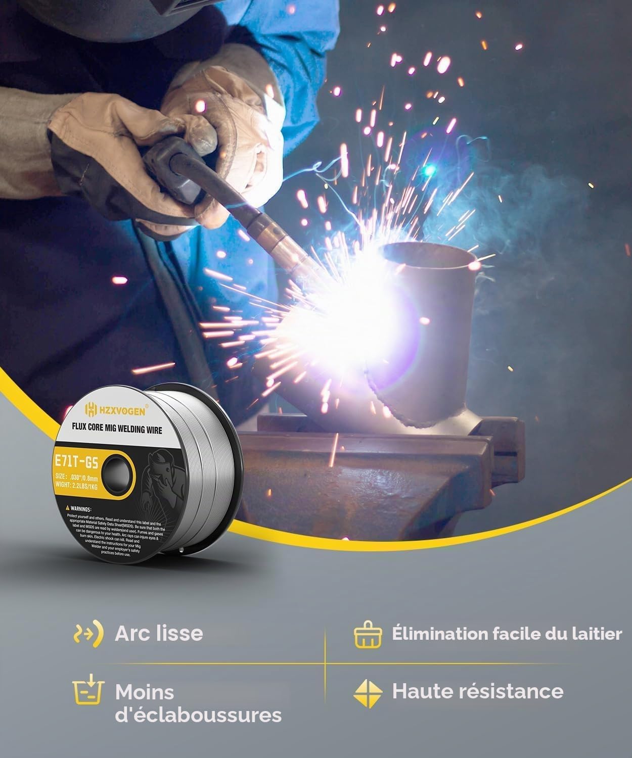 H HZXVOGEN fil fourré sans gaz 0.8mm 3kg, flux E71T-GS, fil de soudage sans gaz, lot de 3 pour équipement de soudage MIG | E71T-GS Fil de soudage à noyau de flux .030, faible éclaboussure