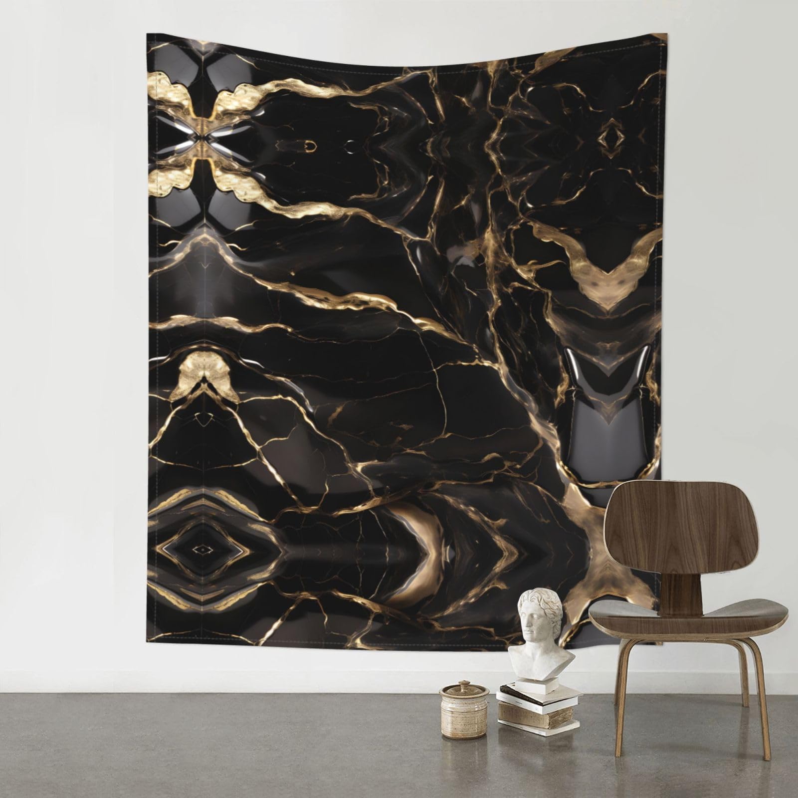 WHJSHOP Black Gold Marble Prints Original Wall Tapestry 60x51in – Boho Throw Blanket for Dorm Decor, Beach Picnic, & Bedroom Layering