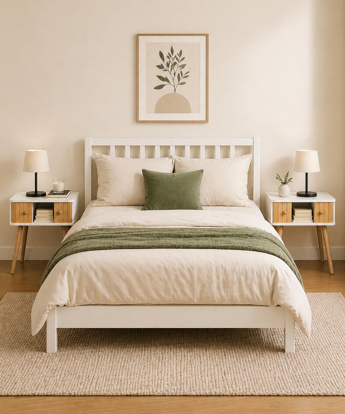 SUMGAR Mesita de Noche Blanca con 2 Puertas de Bambú Mesa Auxiliar Sofa