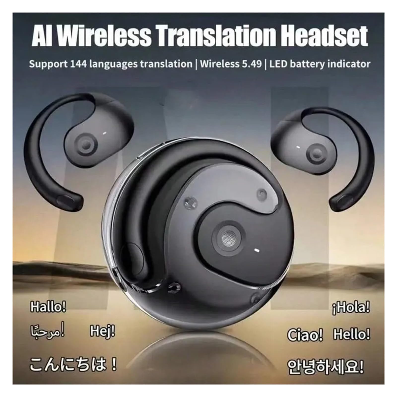 Auricolari for traduzione - 144 lingue e accenti, cuffie in tempo reale con custodia di ricarica di tipo C, ideali for i viaggi(Black)
