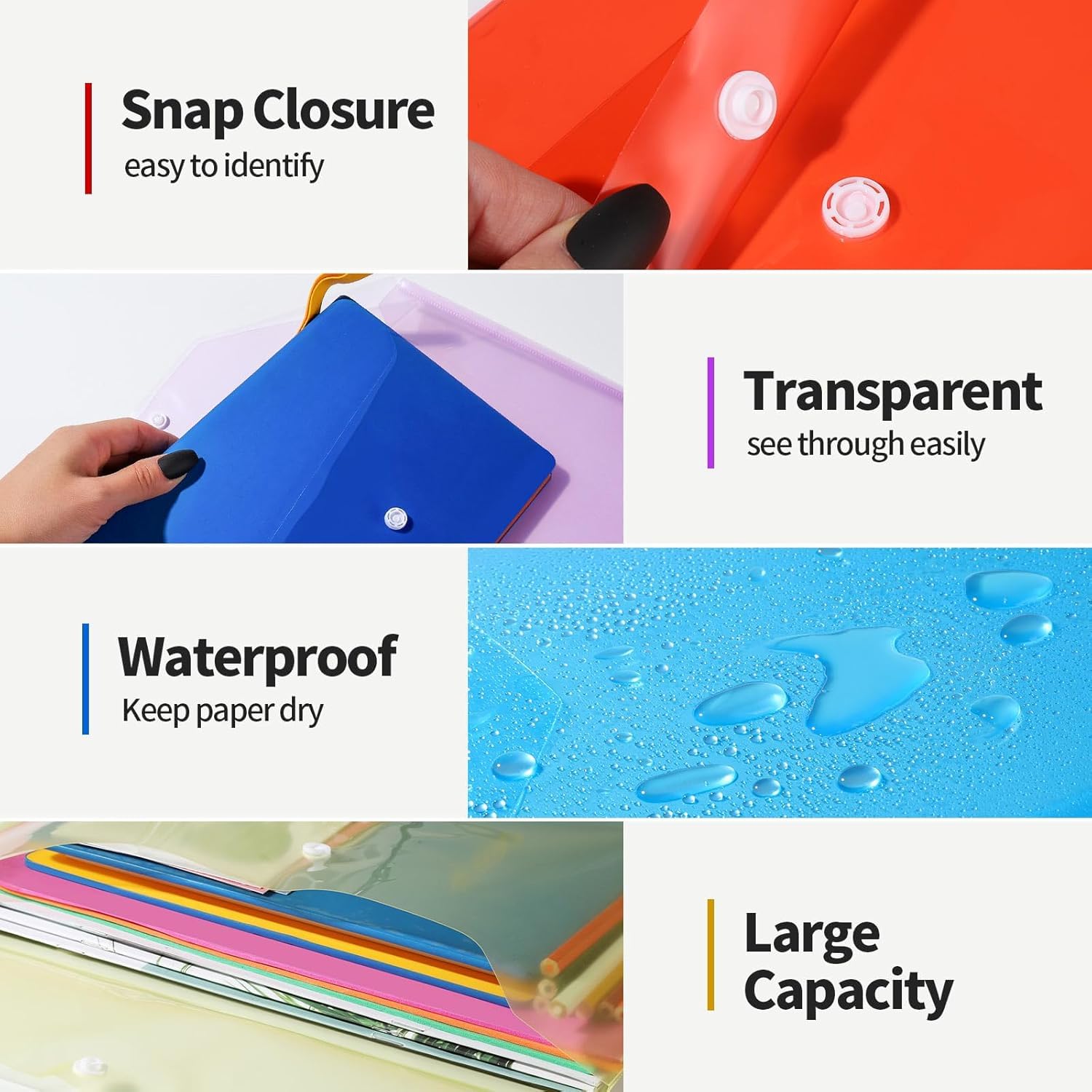 36 Piezas Carpeta Plastico A4, Carpeta Transparente Colorida, con Botón Carpeta para Documentos Plástico, Sobres Plastico para Archivador, Ideal para Oficina, Escuela y Hogar