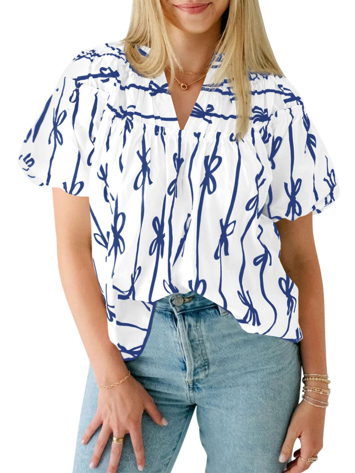 Cicy Bell Womens Summer Babydoll Tops Short Lantern Sleeve Bow Print Blouse V Neck Pleated Casual Cute Tee Shirts