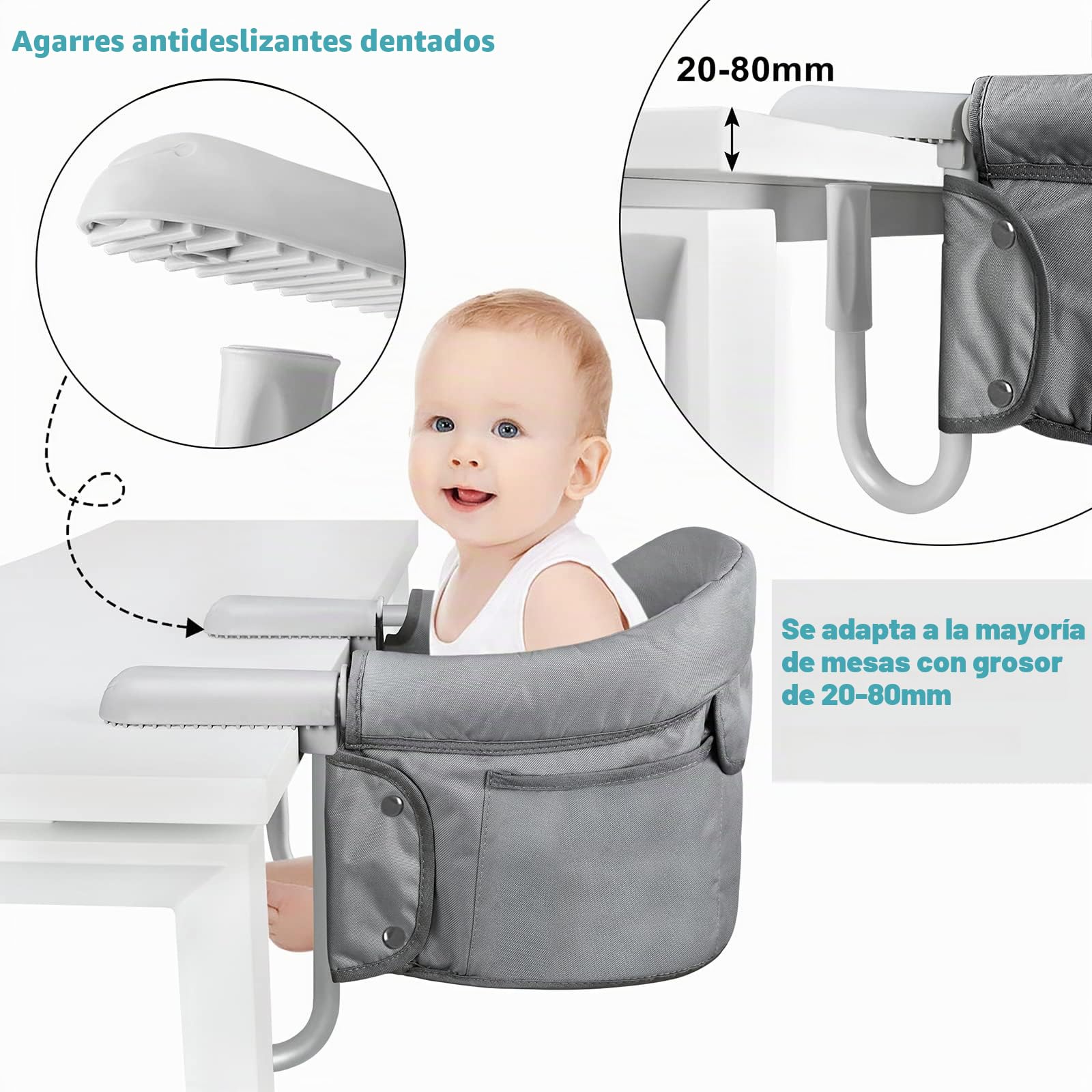 Silla Alta para Bebé, Bebe Asiento de Mesa Portátil con Bolsa de Transporte, Elevador de Silla para Mesa, Seguridad Silla Plegable, Ideal para Hogar y Viajar.