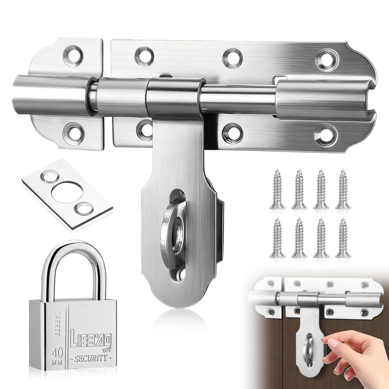 Door Bolts for Internal Doors, Gate Lock with Padlock 6 Inch Combination Sliding Bolt Lock with Keys Heavy Duty Stainless Steel Latch Bolt for Garden Gates Barns Courtyard Doors