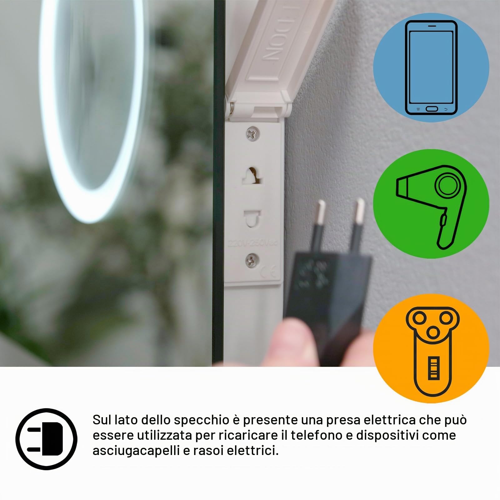 MIQU Specchio da bagno a LED con illuminazione, 100 x 70 cm, specchio 1000 x 700 mm grande con presa di corrente, orologio, Bluetooth, Touch, dimmerabile caldo/bianco senza appannamento, ingrandimento