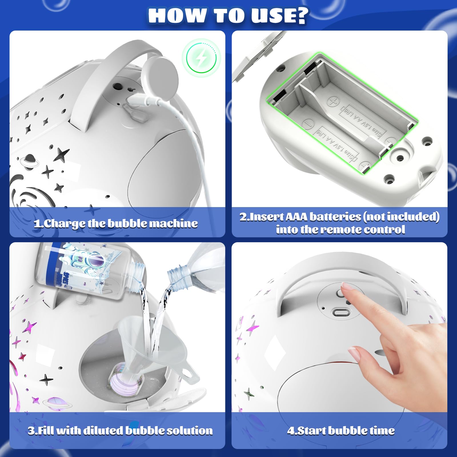 Sitodier Macchina per bolle con telecomando, rotazione automatica con luce e bolle musicali, batteria ricaricabile, per bambini, matrimoni, feste di compleanno e attività all'aperto