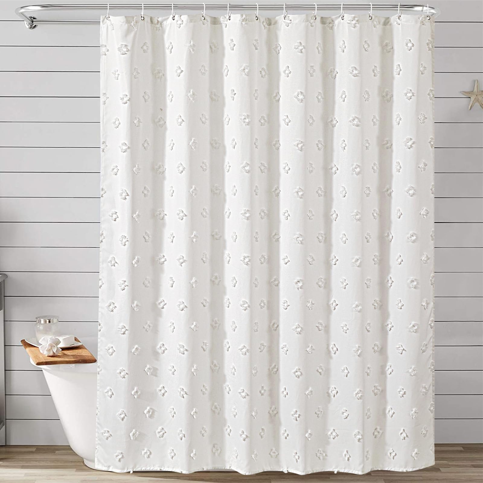 White Boho Tufted Floral Shower Curtain 72 x 72 Inches, Modern Farmhouse Shabby Chic Textured Geometric Simple Pretty Cute Fabric Bathroom Shower Curtains Set Waterproof & Winkle Resistant