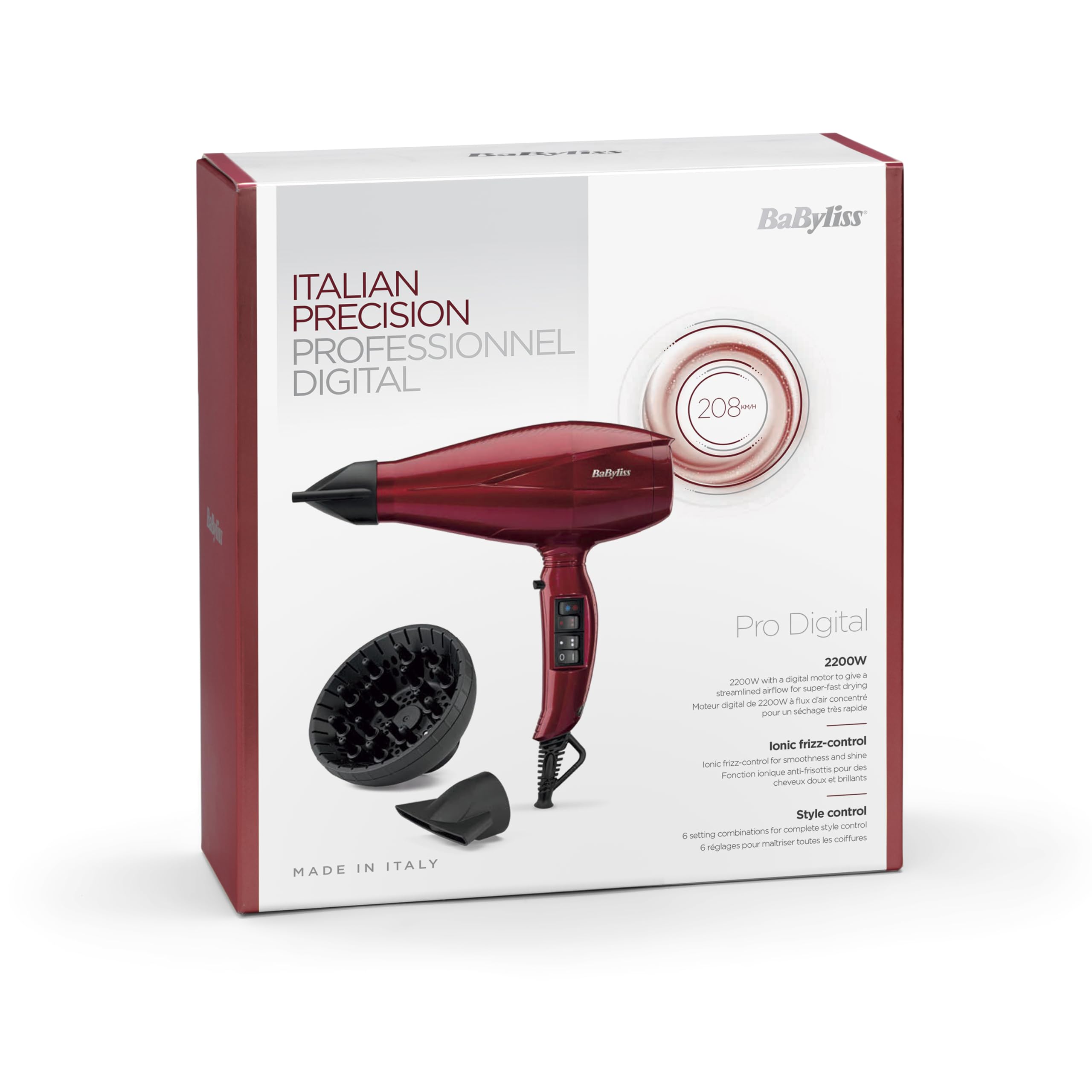 BaByliss Secador de Pelo Digital Pro con Difusor - Secador Profesional 2200W, Iónico, Secado ultrarrápido, Fabricado en Italia, 2 ajustes de Calor y 2 velocidades, Botón Turbo, Aire frío, Rojo, 6001DE