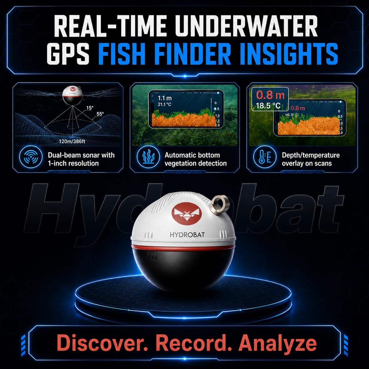 Hydrobat Sondeur de pêche sans Fil avec cartographie GPS, contrôle par Application, Suivi de la Profondeur, détecteur de Poissons Portable pour pêche à Terre et en Bateau