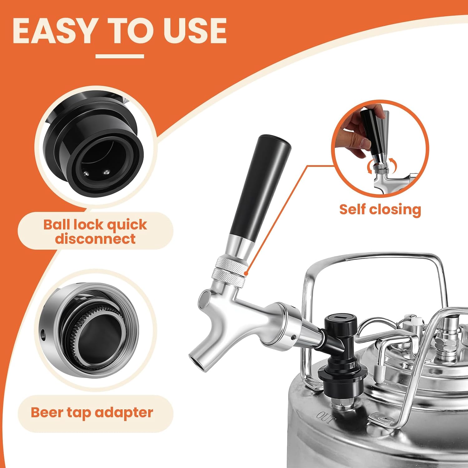 Ball Lock Beer Faucet Picnic Tap, Stainless Steel Core Self-Closing Ball Lock Keg Tap Chrome-Plated Brass Beer Faucet with Quick Disconnect Picnic Corny Keg Tap