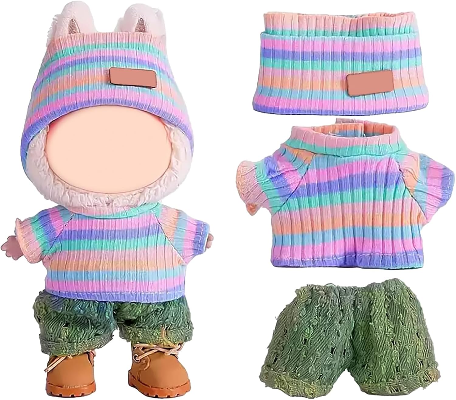 Doll Clothes for LABUBU 17cm Dolls,Hand Crocheted Clothes (3Pcs) with Premium Knit Hat, Rainbow Sweaters, and Pants Outfit Dress Up (Doll Not Included)
