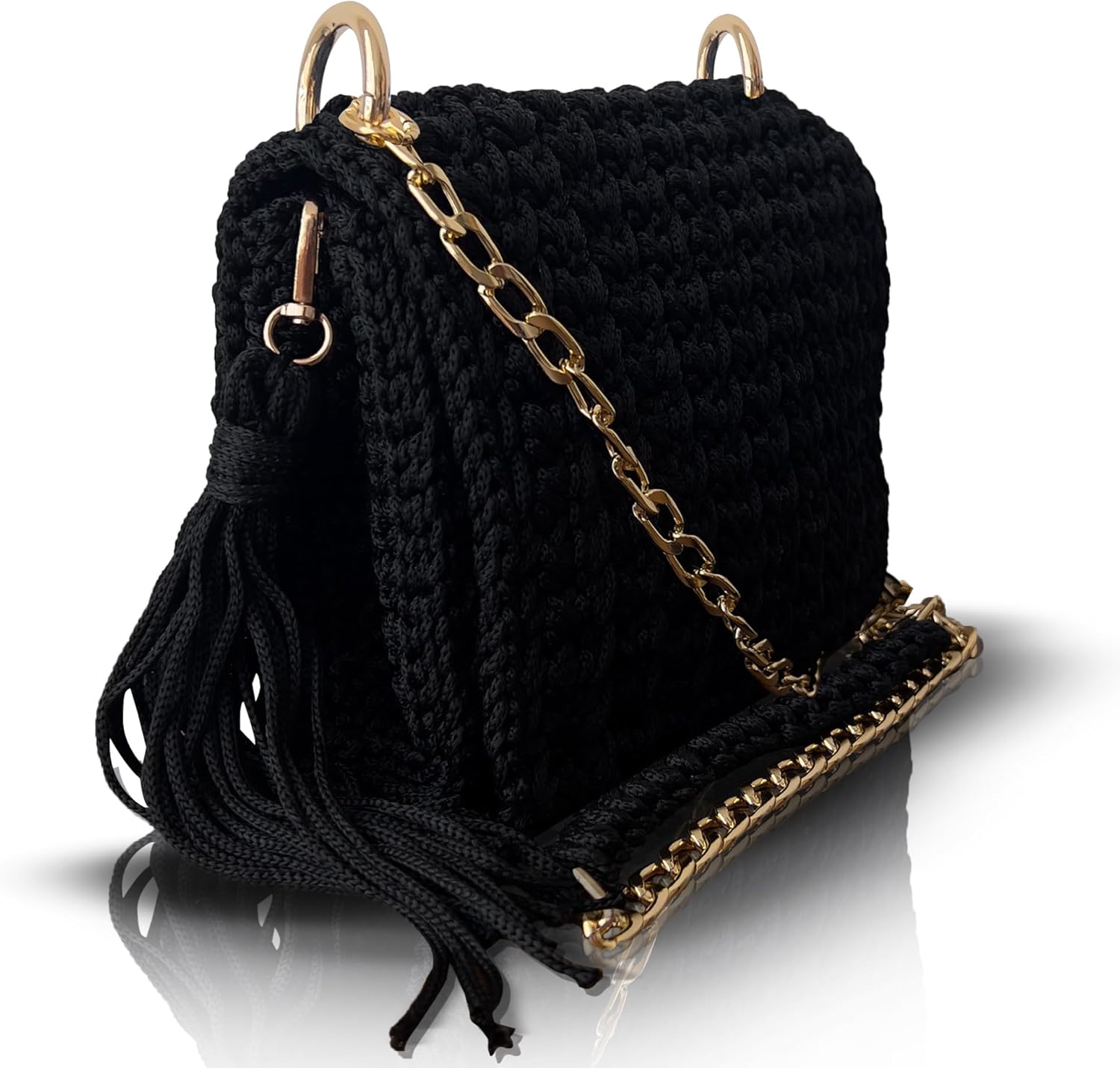 Handmade Crochet Shoulder Bag for Women – Macrame Knitted Purse with Gold Chain & Tassel, Boho Chic Evening Crossbody Clutch - Image 3