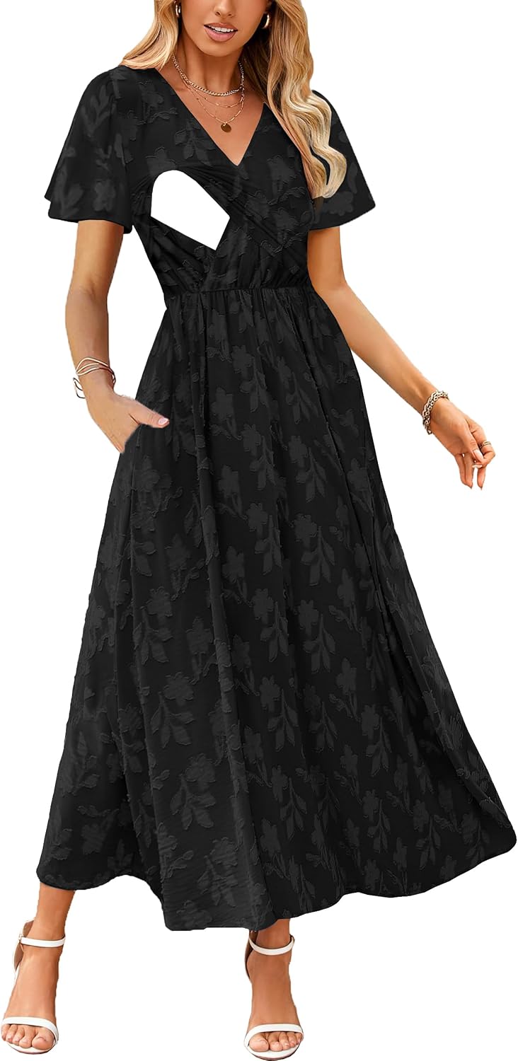 CzzzyL Women's Nursing Boho Floral Dress Flowy Casual V Neck Short Sleeve Wedding Guest with Pockets