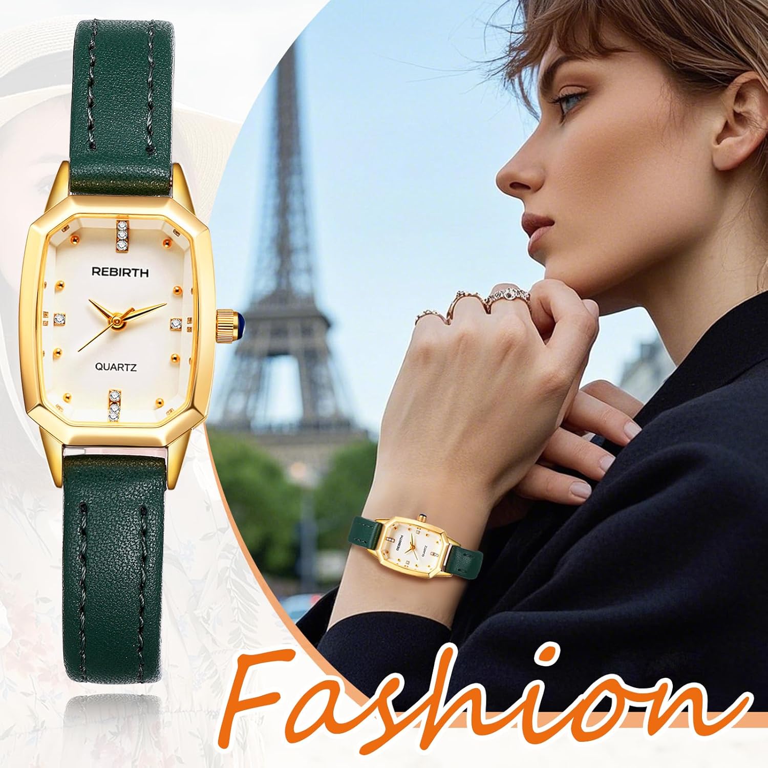 JewelryWe Women's Square Leather Watch – Rhinestones Analog Quartz Wristwatch Casual Business Dress Watch for Ladies Christmas for Valentine's Day - Image 4