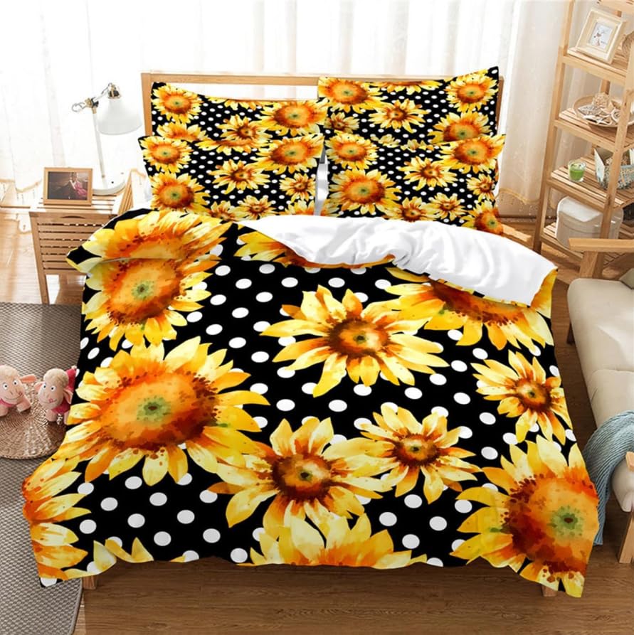 Parures de lit 200x200 adulte en polycoton doux et résistant avec impression 3D tournesol