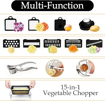 Vegetable Chopper & Mandoline Slicer - Julienne Cutter Dicer Grater for Food Veg Onion Cucumber Tomato Salad Potato Cheese - with Garlic Press - Kitchen Gadgets & Accessories (15-in-1, White & Black)