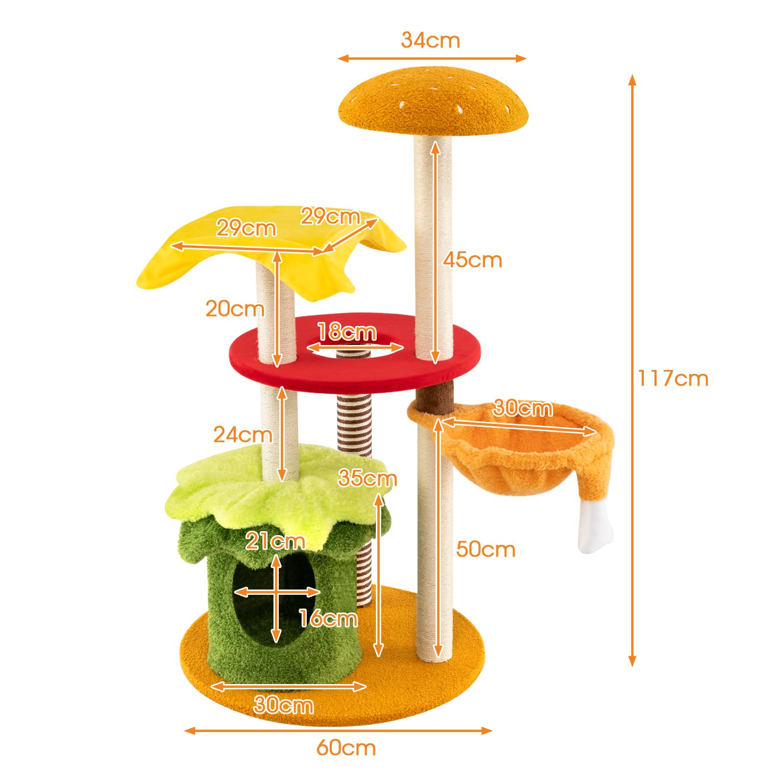 GYMAX Árbol para Gatos con Tema Hamburguesa 117 cm, Árbol de Varios Niveles con Cama Cesta, Posadero Acolchado, Condo, Rascadores de Sisal, Plataformas, Juguete Colgante