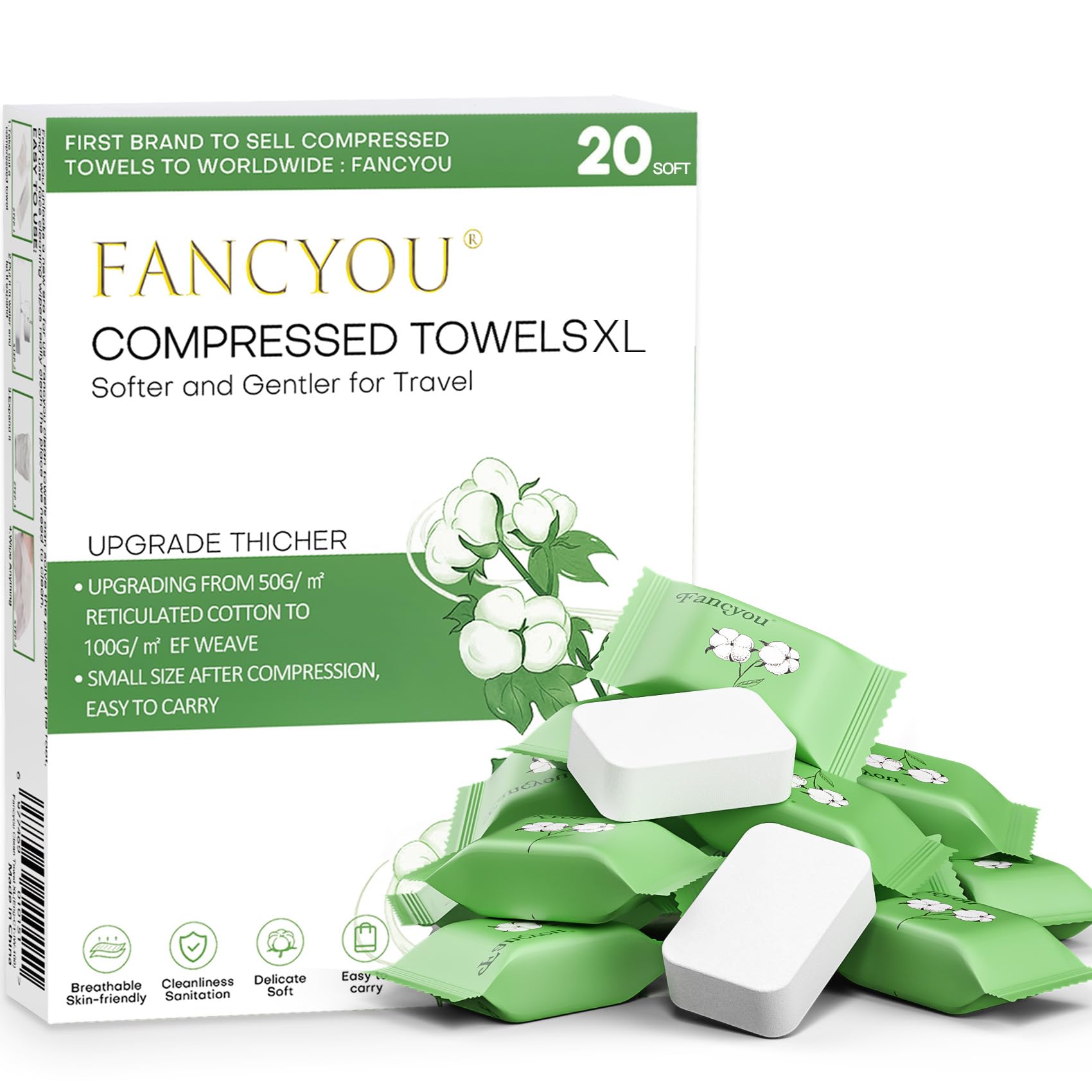 Compressed Towel Tablets Thicken, 20 Pack Disposable Face Towel, Individually Wrapped Reusable Washcloths, Compact Clean Towels Mini Portable for Travel Guests Baby Dog Camping Beauty(Green)