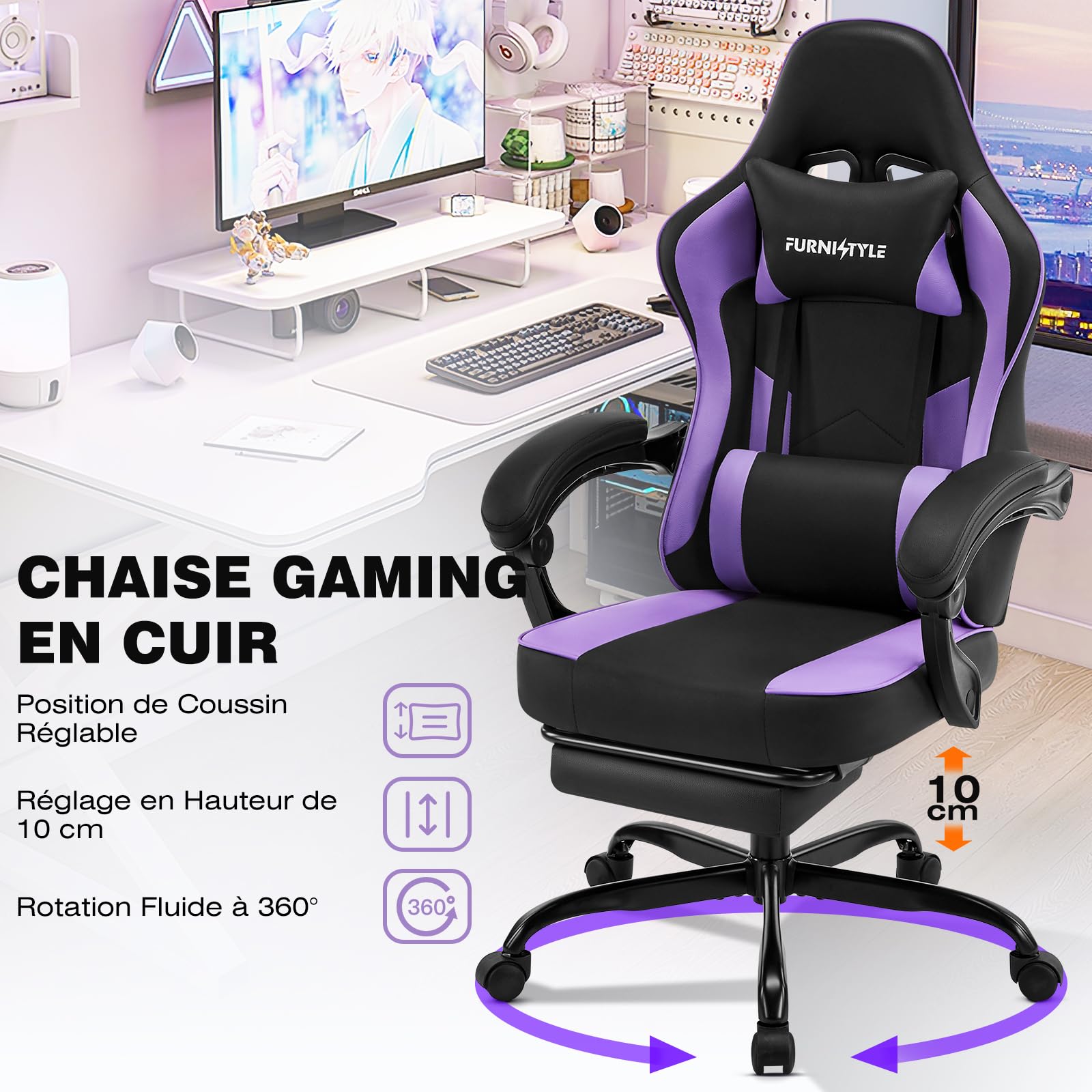 Hellove Chaise Gaming avec Repose-Pieds, Fauteuil de Jeu avec Appui-tête Ergonomique, Soutien Lombaire Réglable, Accoudoirs Synchronisés, Chaise de Bureau pour Gamer et Travail, Cuir PU Gris