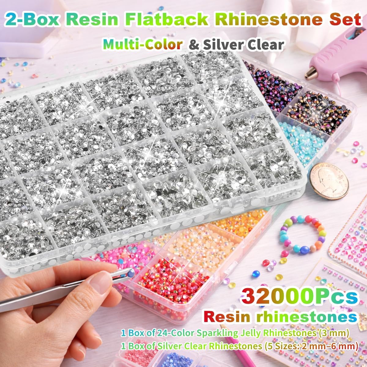 Rhinestones for Bedazzling Kit,Bedazzler Kit with Rhinestones,32000PCS Multicolor Resin Flatback Gems Diamond Art Set with 3PCS 10ml B7000 Glue for DIY Craft,Shoes,Nails (3mm+Silver Mix)