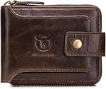 BULLCAPTAIN Genuine Leather RFID Wallet for Men Large Capacity ID Window Card Case with Zip Coin Pocket QB-231 | RFID, Large Capacity, ID Window, Card Case, Zip Coin Pocket