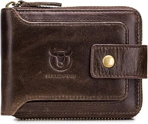 BULLCAPTAIN Genuine Leather RFID Wallet for Men Large Capacity ID Window Card Case with Zip Coin Pocket QB-231 | RFID, Large Capacity, ID Window, Card Case, Zip Coin Pocket