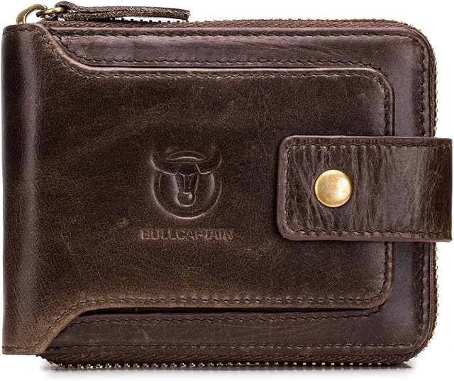 BULLCAPTAIN Genuine Leather RFID Wallet for Men Large Capacity ID Window Card Case with Zip Coin Pocket QB-231 | RFID, Large Capacity, ID Window, Card Case, Zip Coin Pocket