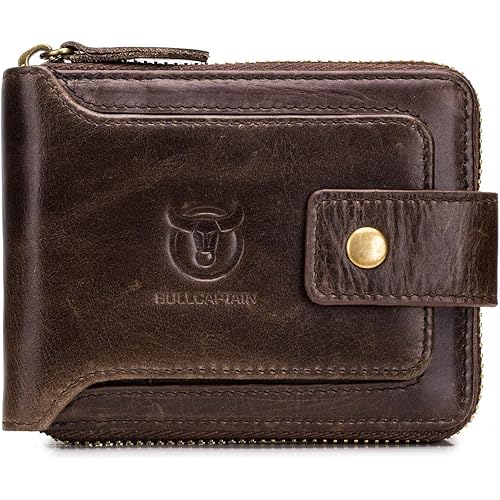 BULLCAPTAIN Genuine Leather Wallet for Men Large Capacity ID Window Card Case with Zip Coin Pocket QB-231 (Coffee)