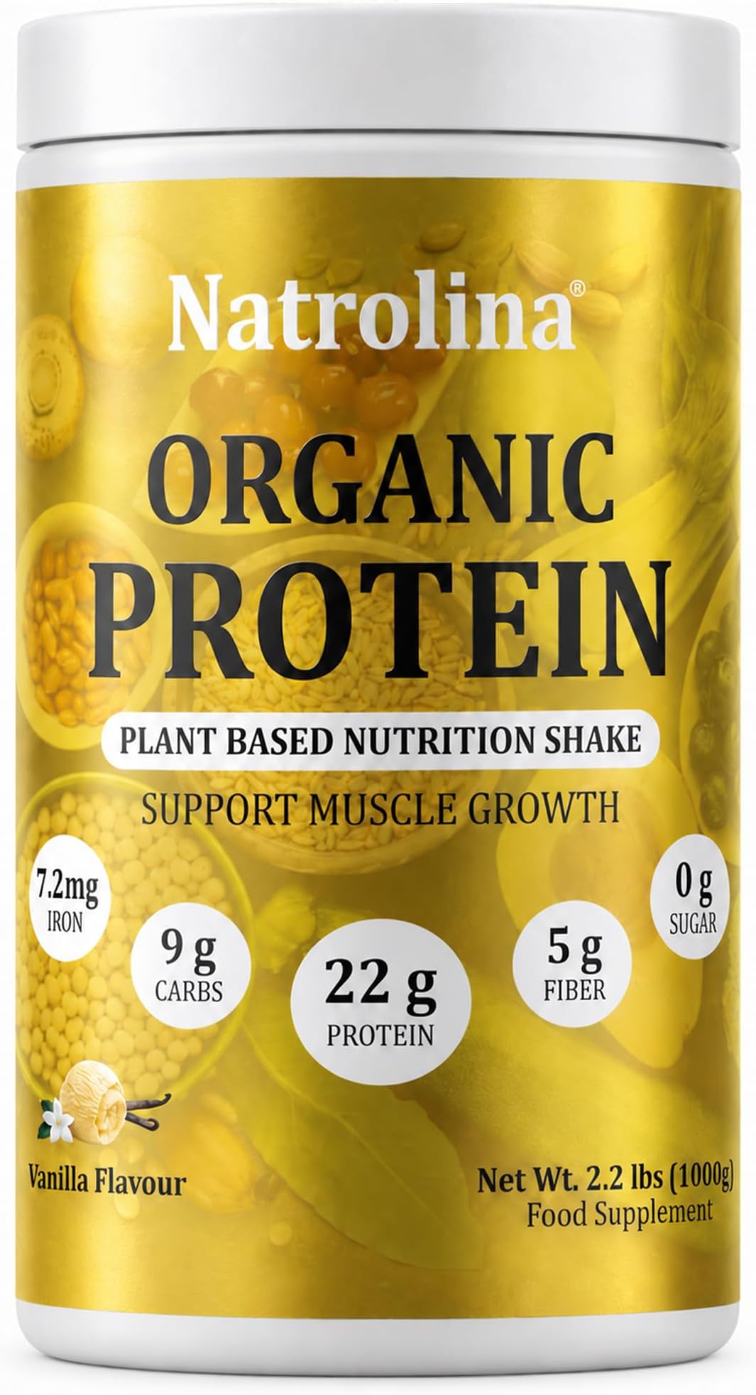 Natrolina Plant Based Organic Protein Powder - Vanilla Flavor 1Kg 2.2 lbs, 25 Servings | 22g Protein Per Serving, Vegan Pea & Brown Rice Blend | For Muscle Support & Balanced Nutrition | Sugar-Free