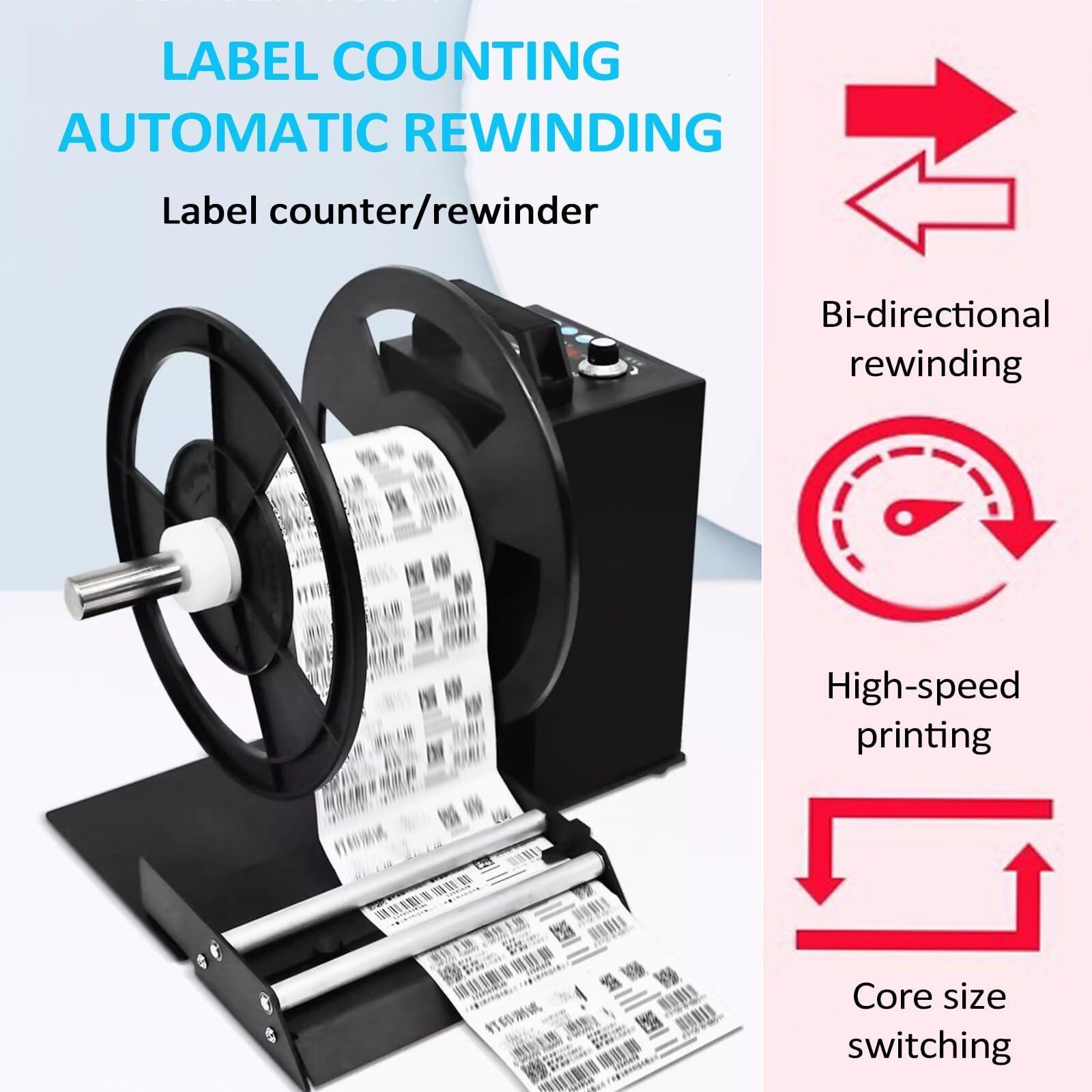 Enrouleur automatique d'étiquettes avec enroulement bidirectionnel et régulation de vitesse progressive pour la logistique, largeur 150 mm