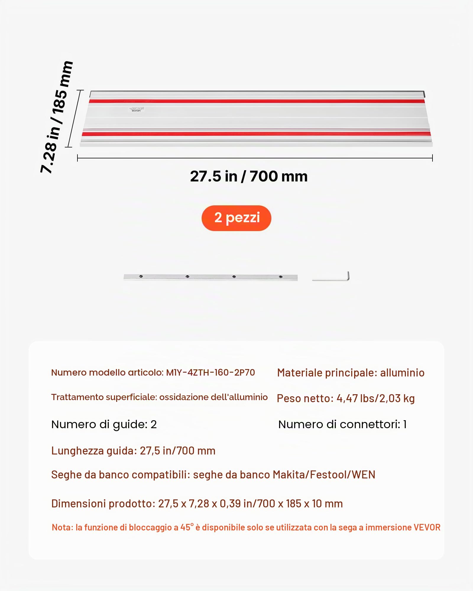 VEVOR Binario di Guida per Seghe Circolari Guida per Troncatrice Circolare Materiale in Alluminio Lunghezza Guida 698,5 mm Kit di Guide 2 pz Connettore 1 pz Lavorazione del Legno da Falegnameria
