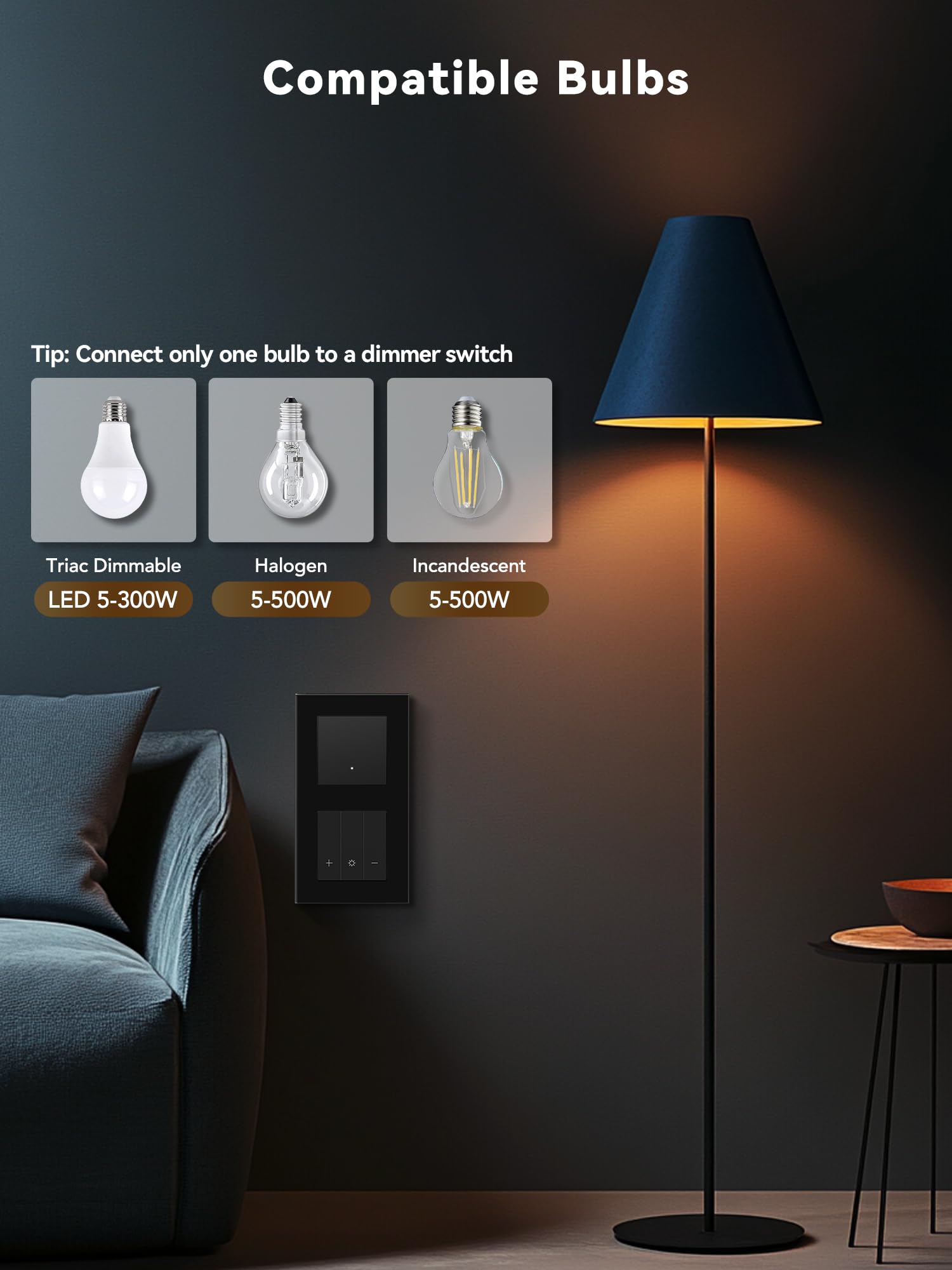Smart WIFI Interrupteur d'éclairage avec variateur Wi-Fi - Interrupteur mural 1 compartiment + variateur d'intensité - Compatible avec Alexa/Google Home - Interrupteur d'éclairage encastré à