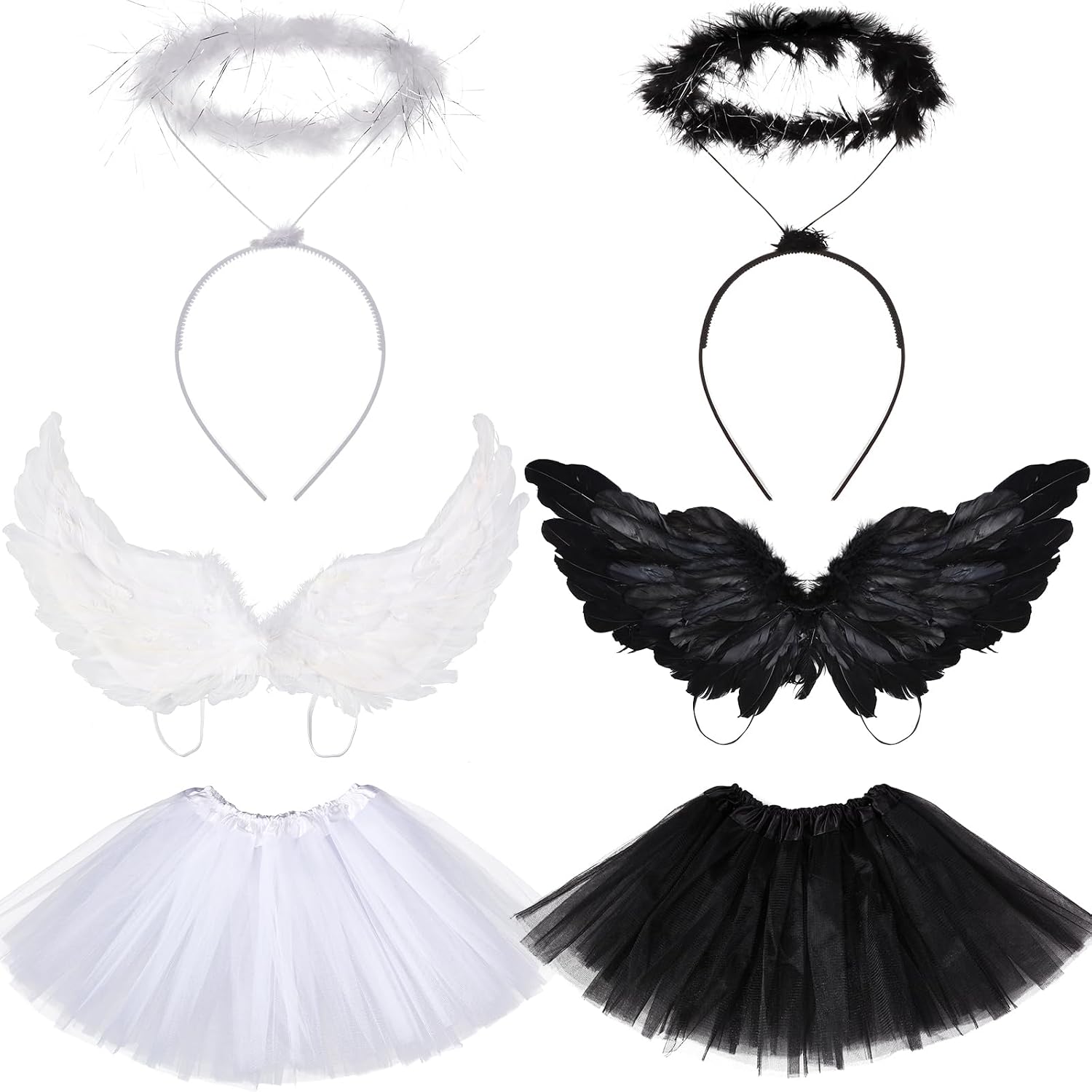 Tisancy 6 Pcs Halloween Angel Costume Set Feather Wings Wreath Headband Set 3 Layered Tulle Tutu Skirt Black and White Angel Costume for Girls Kids Halloween Xmas Cosplay Party Accessory