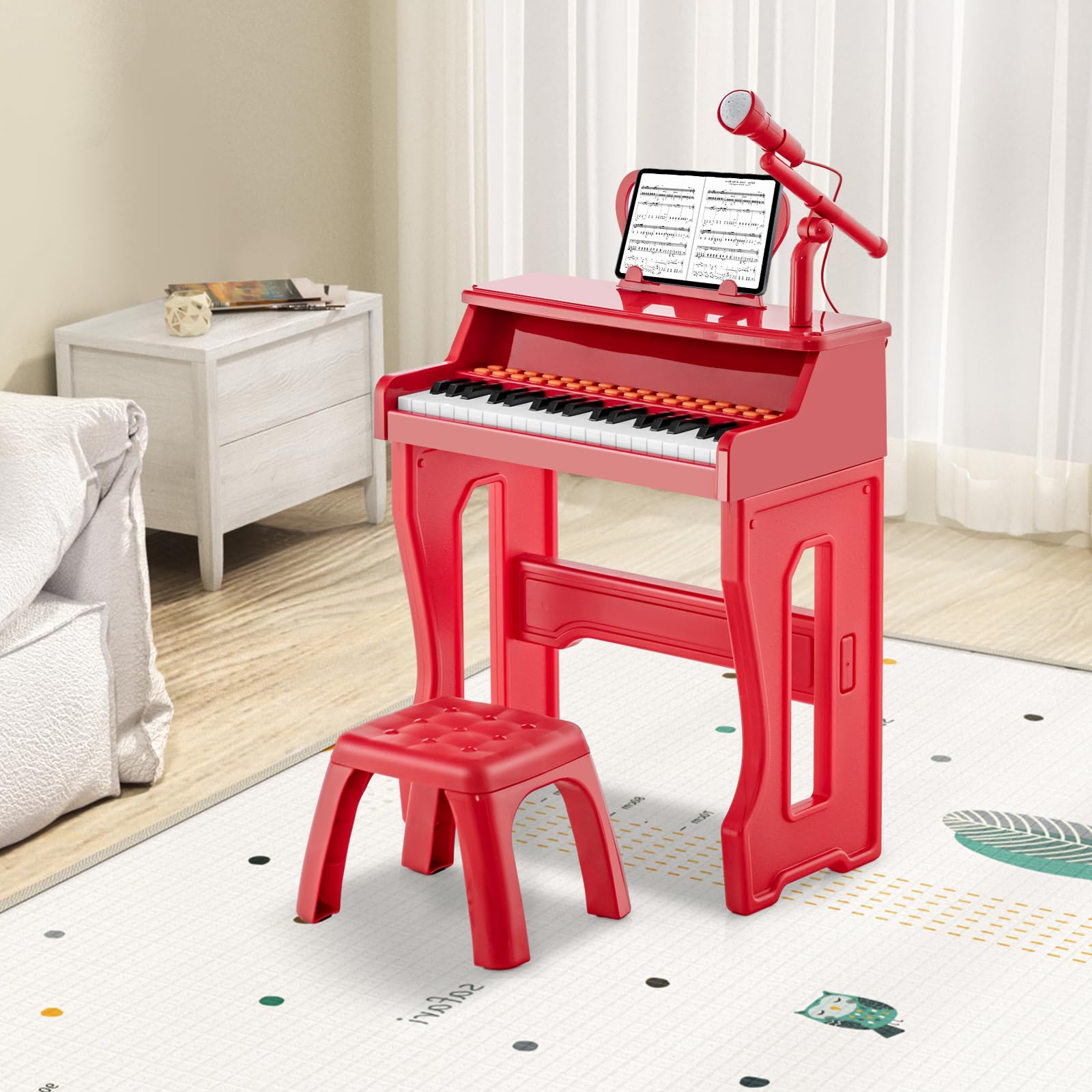 KOMFOTTEU Juego de Piano Infantil de 37 Teclas, Piano Electrónico con Atril Ajustable y Micrófono, Piano Teclado de Piano con Taburete, Teclado para Niños a Partir de 3 Años (Rojo)