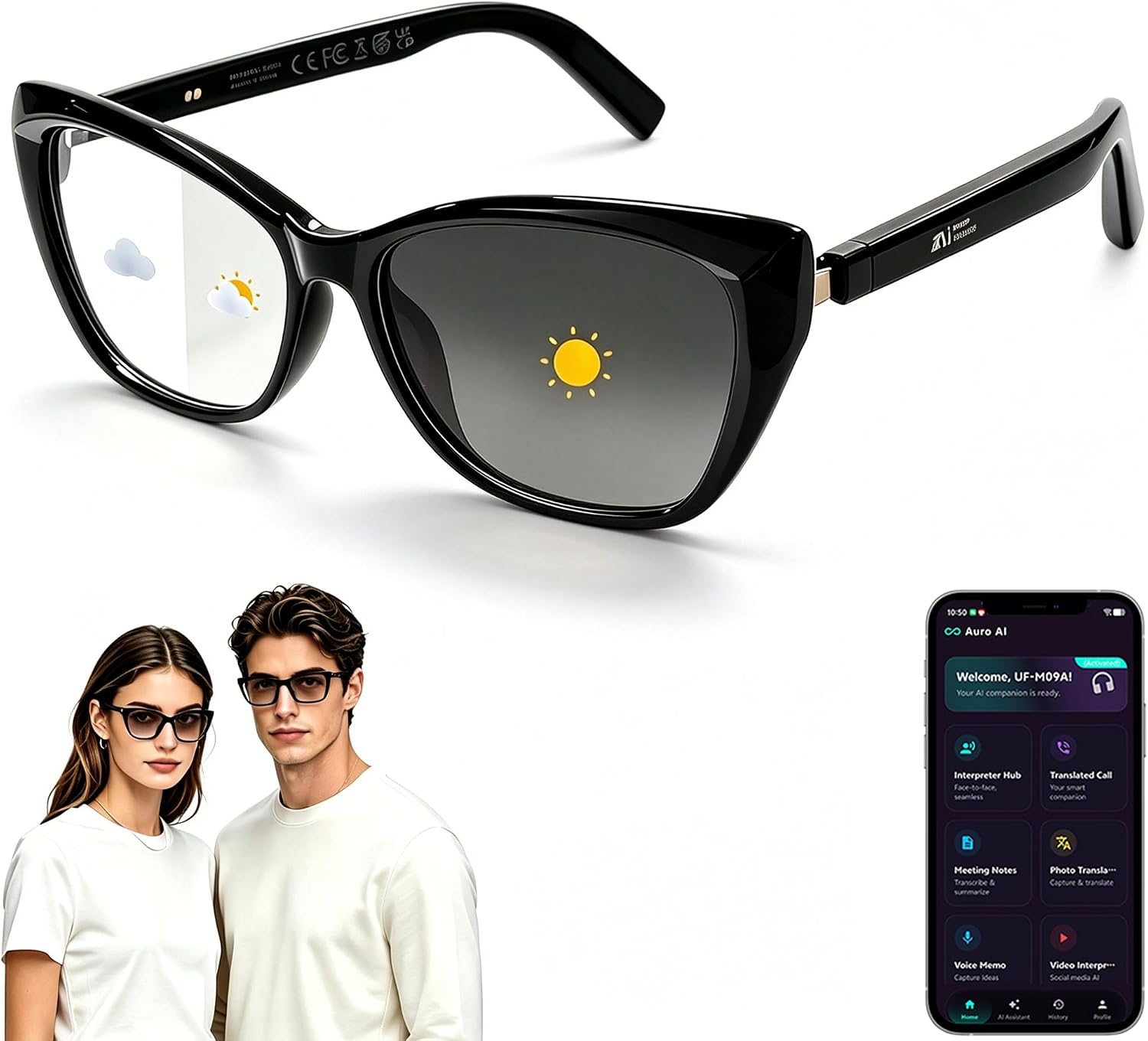 AI Smart Glasses for Women Men, Bluetooth Glasses, Butterfly Frame Black